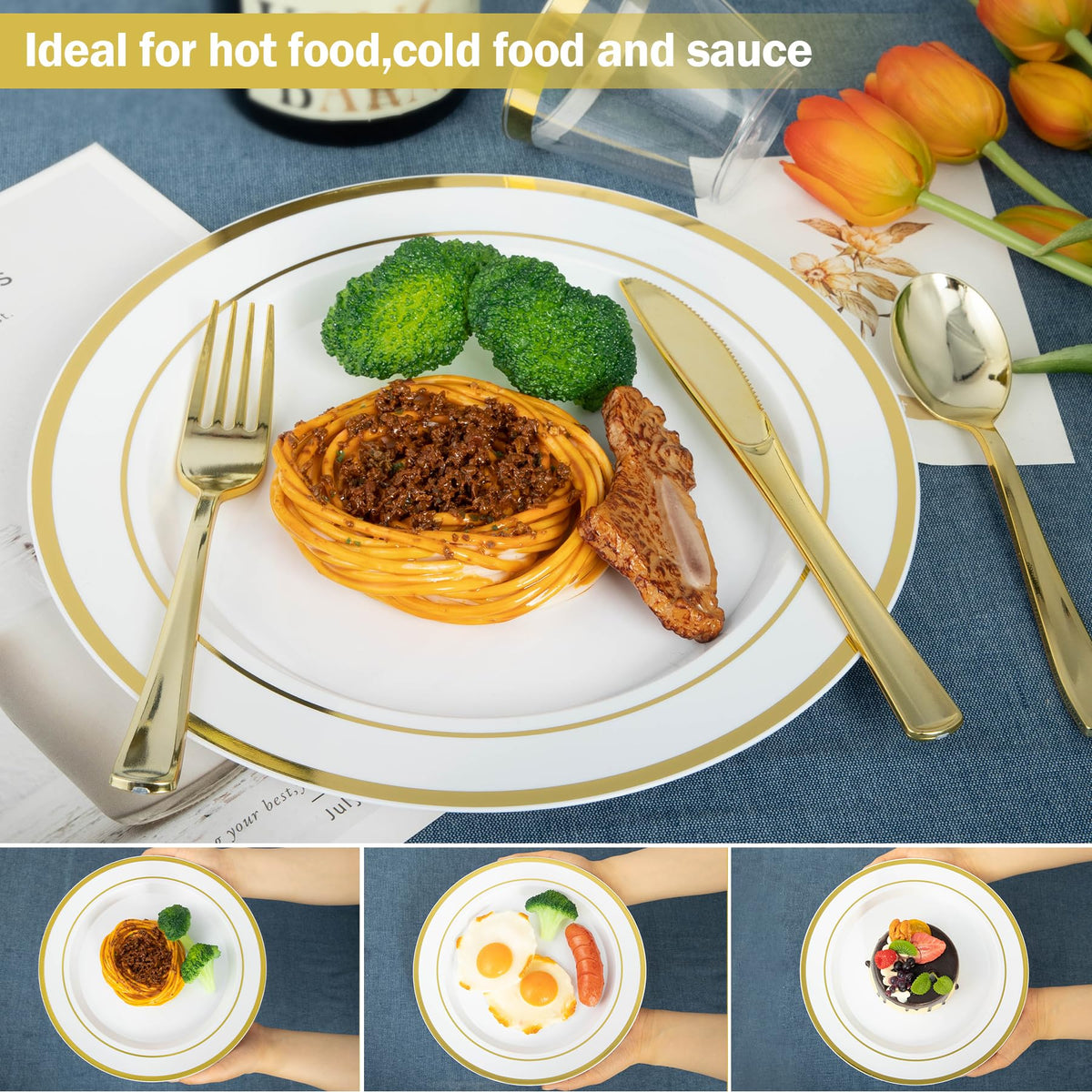 N9R 600PCS White and Gold Plastic Plates, Disposable Dinnerware Set