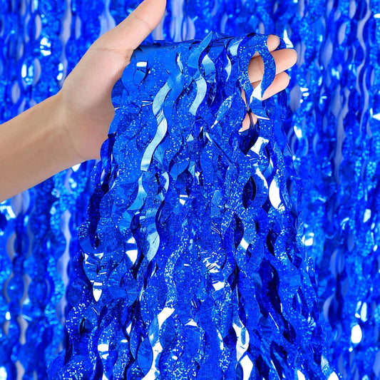 4 Pack Navy Blue Wavy Foil Fringe Curtains Party Decorations - 3.3 ft x 6.6 ft Streamer Tinsel