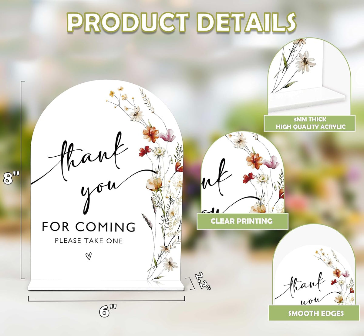 Boho Floral Thank You For Coming Sign, 6 x 8 Inch White Arch Acrylic Wedding Sign with Holder