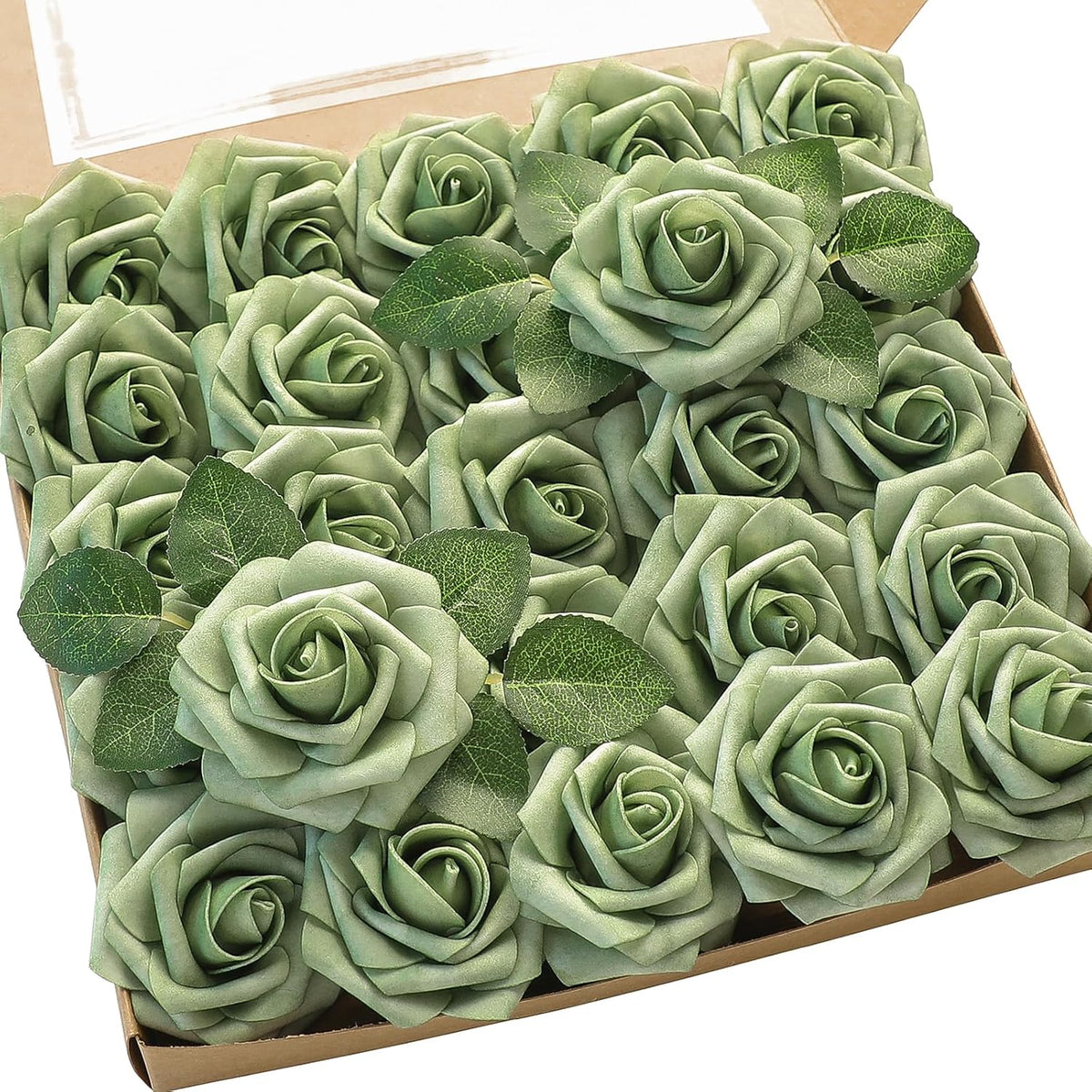 Floroom Artificial Flowers 50pcs Real Looking Elf Green Foam Fake Roses with Stems for DIY Wedding