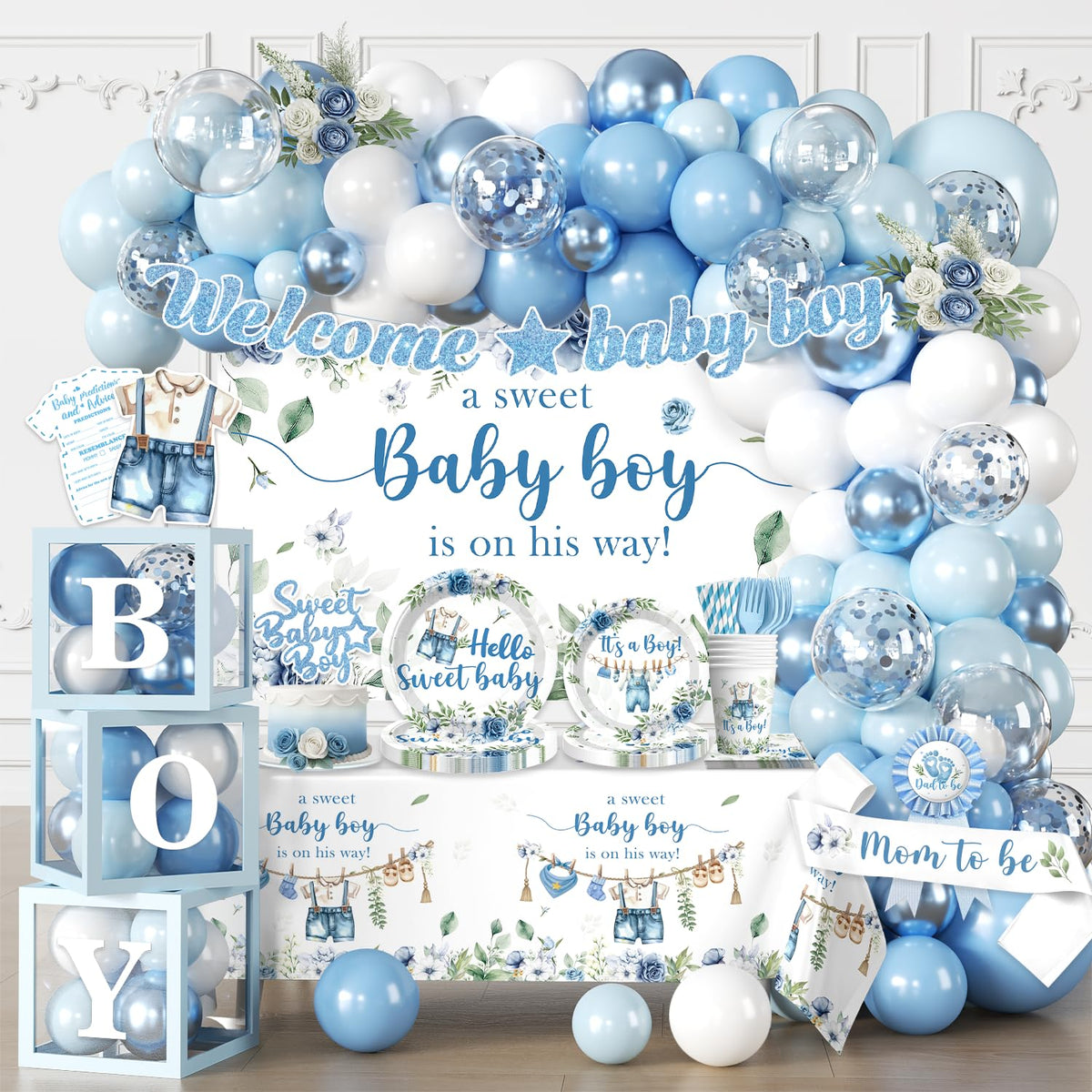 cocomigo Blue Boy Baby Shower Decorations, All-in-One Set for 20 Guests
