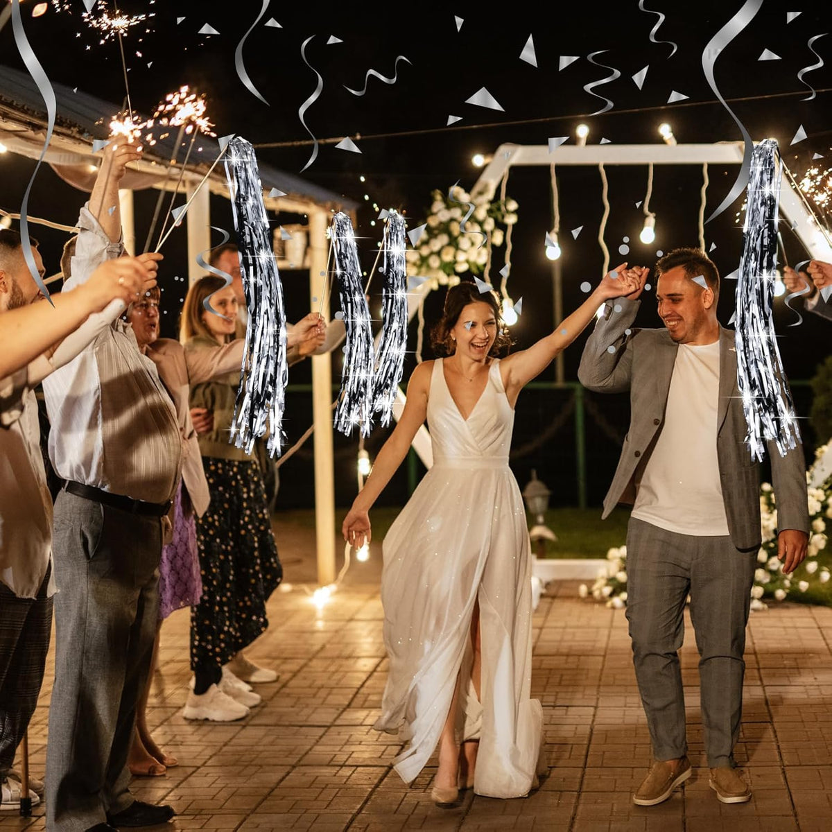 50 Pcs Wedding Fairy Wands with Bells Foil Tinsel Ribbon Stick Wands Tinsel Party Streamers with