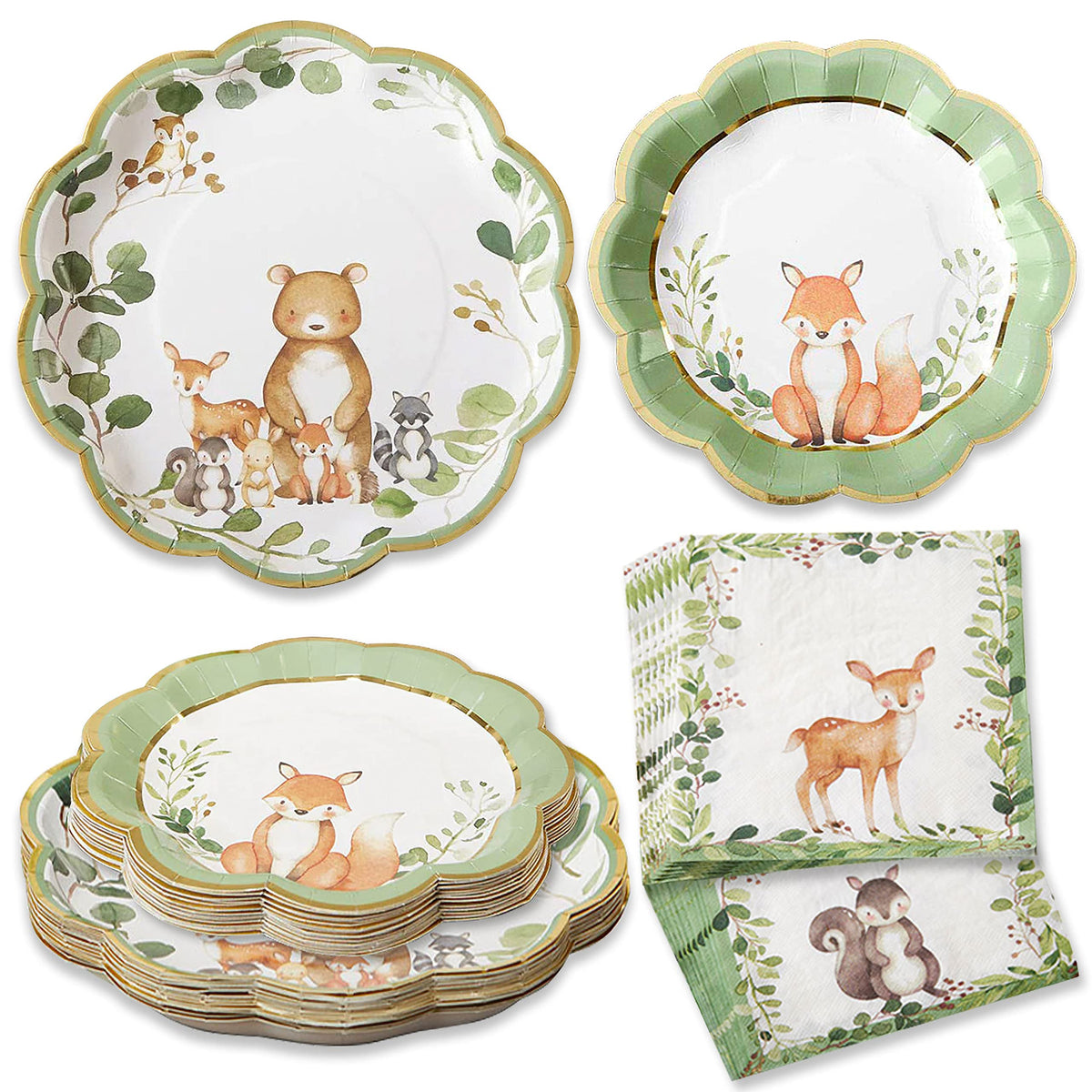Kate Aspen Woodland Baby Shower Decorations, 62-Piece Disposable Paper Plates & Napkins Party