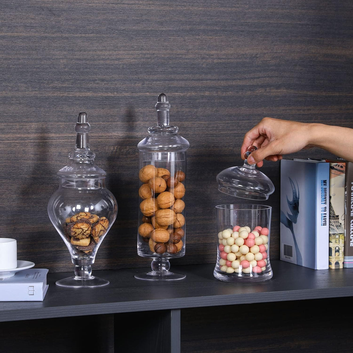 MyGift Clear Glass Apothecary Jars with Lid, Decorative Footed Vase, Candy Buffet Containers Set of