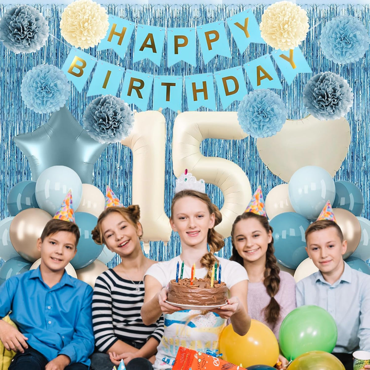 Dusty Blue 15th Birthday Party Decorations Boys Girls Beige Cream Number 15 Balloon with Blue Gold