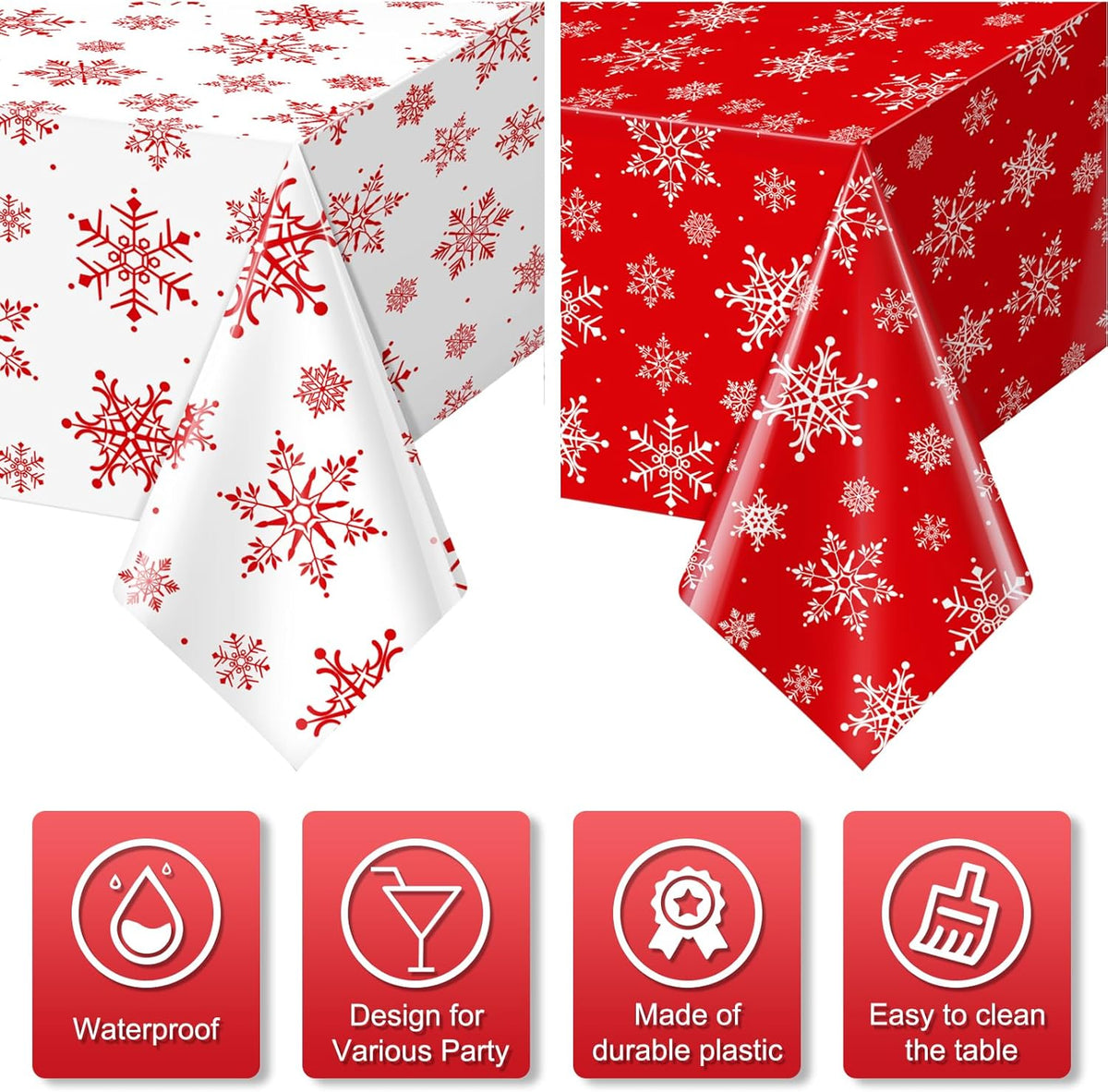 12 Pieces Christmas Snowflake Plastic Party Tablecloth Decorations,54x108 inch Disposable White Red