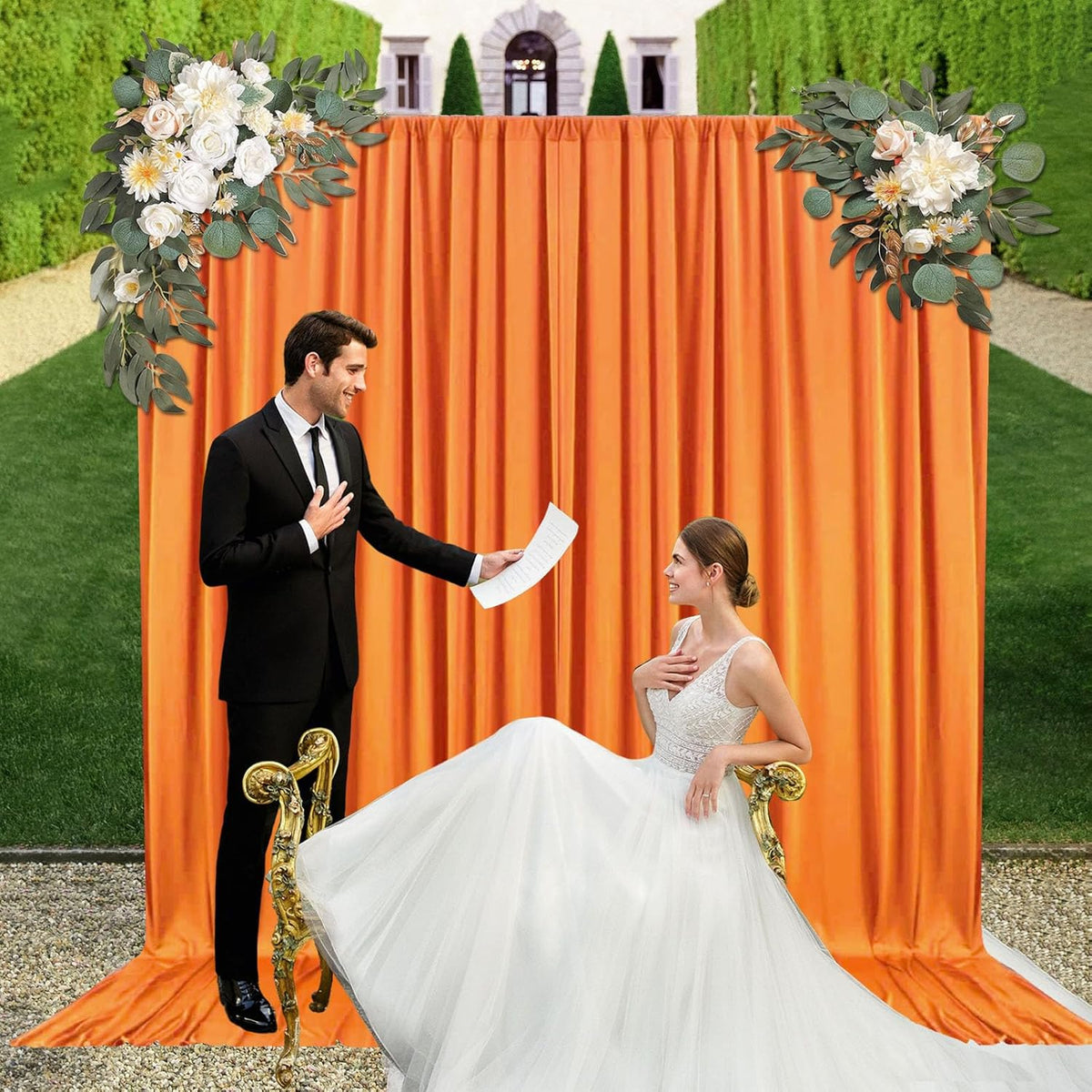 10ft x 10ft Orange Yellow Backdrop Curtains for Parties, Fabric Satin Background Curtain with Rod