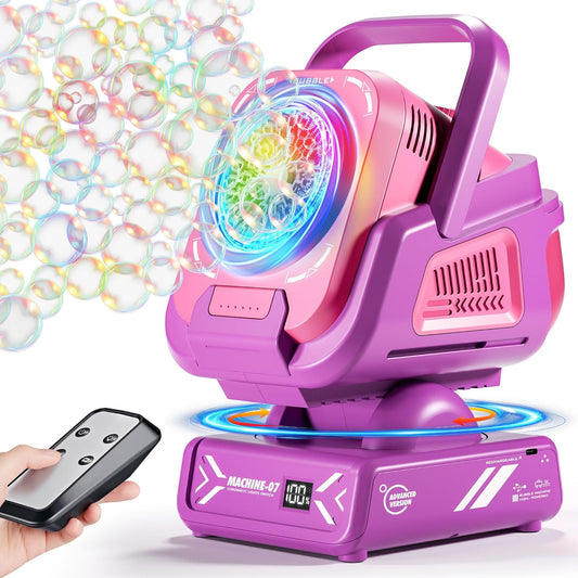 2025 Upgraded Bubble Machine with Remote Control, Automatic Rotation & RGB Lights, 1800mAh