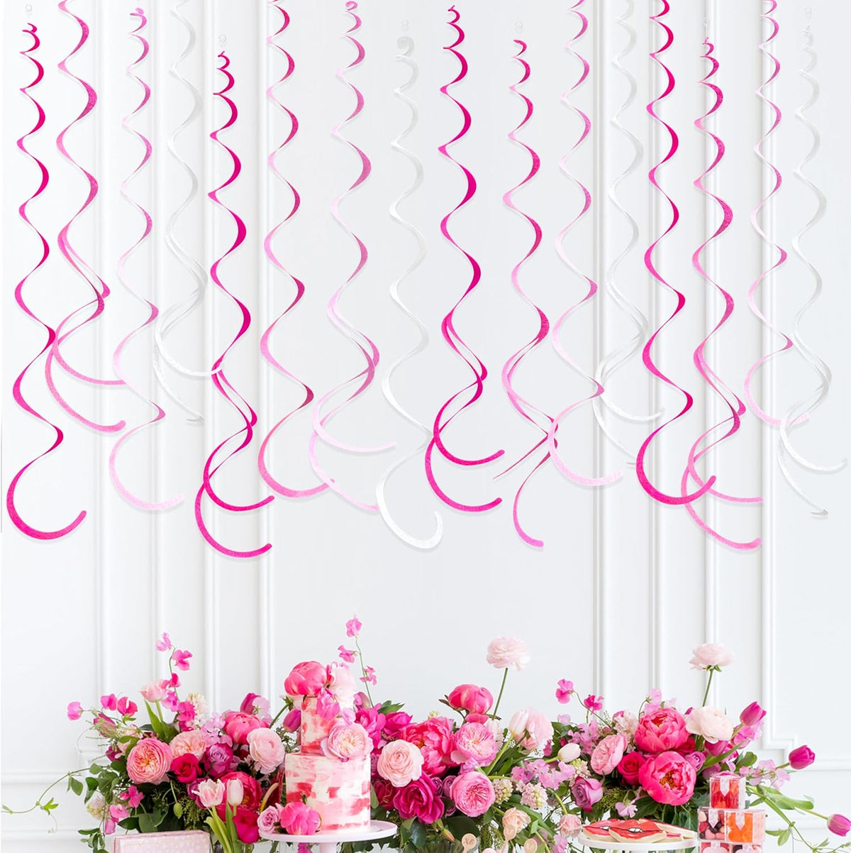 36 Pcs Hot Pink Hanging Swirl Decorations Ombre Pink White Felt Swirl Streamer Spiral Ceiling