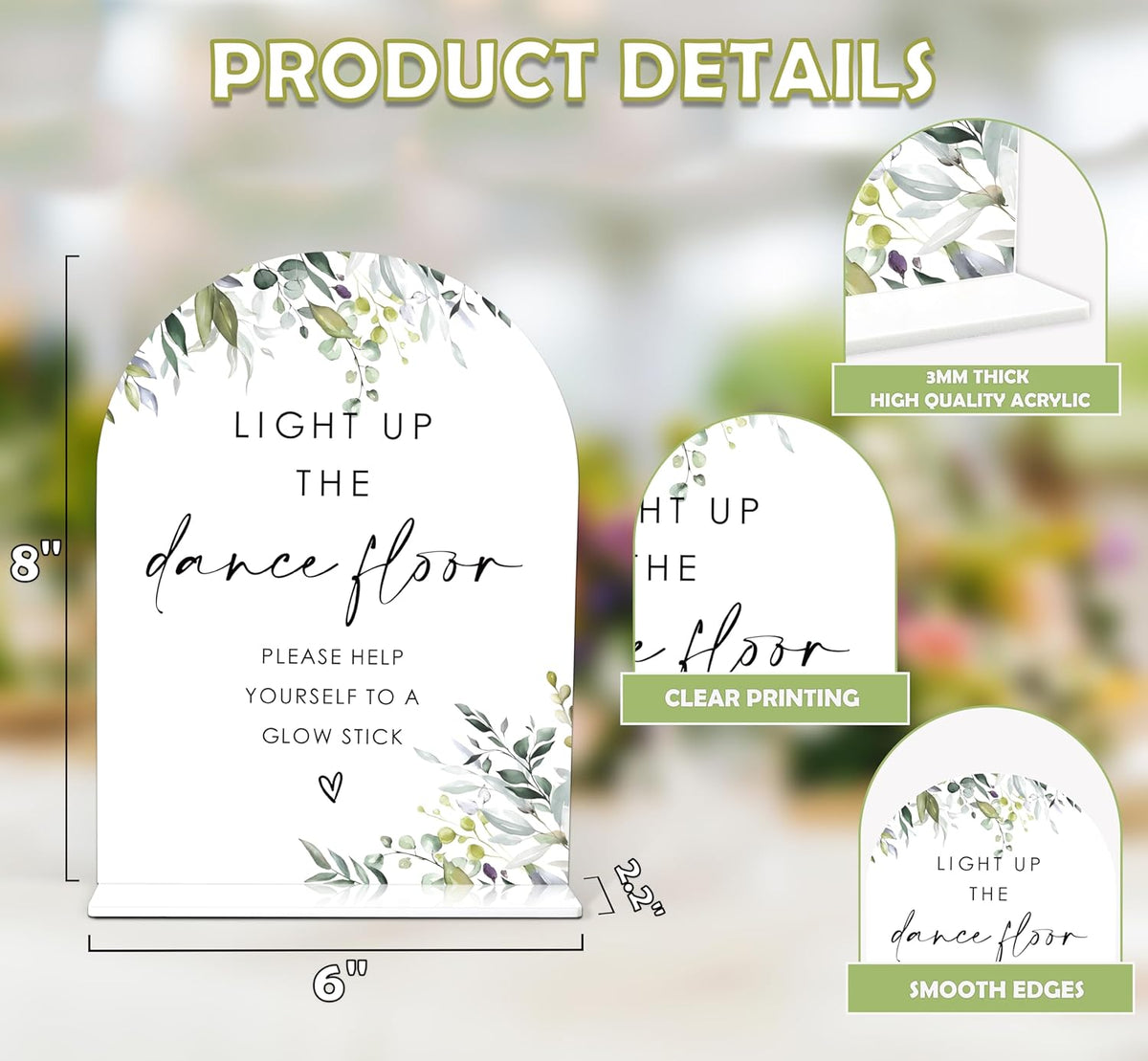 Greenery Glow Stick Sign, 6 x 8 Inch White Arch Acrylic Wedding Sign with Holder, Wedding Sign for