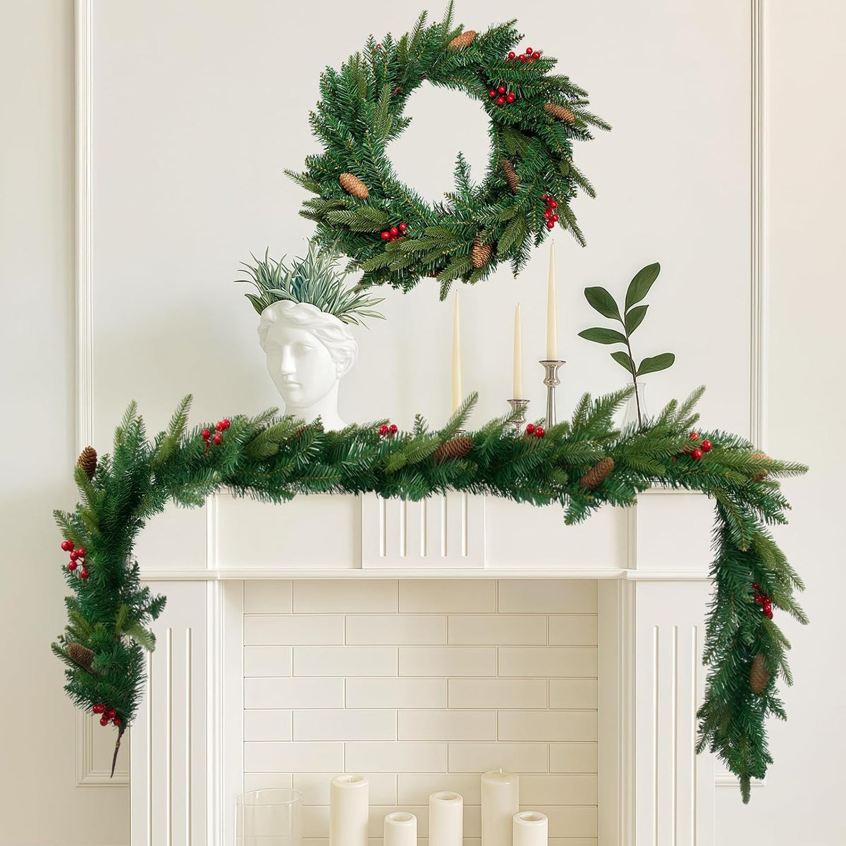 6FT Christmas Garland Artificial Norfolk Pine Tree Greenery, Cedar Cypress with Red Berries Pine