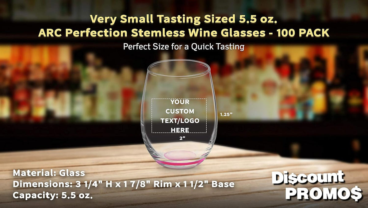 Custom Stemless Wine Glasses by ARC 5.5 oz. Set of 100, Personalized Bulk Pack - Perfect for Hotel