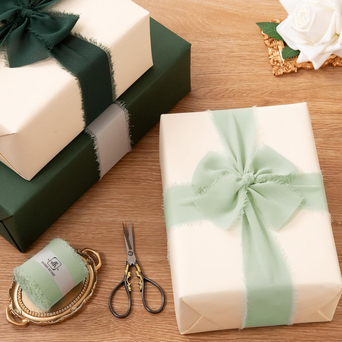 DORIS HOME Sage Green Chiffon Ribbon for Flower Bouquet, 2" x21Yd Fabric Ribbon for Gift Wrapping
