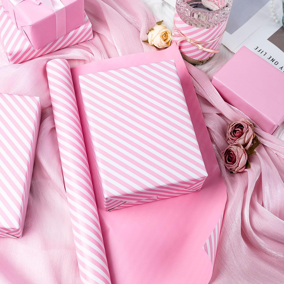 Burymento Pink and White Stripes Wrapping Paper, Reversible Pink Gift Wrap for Birthday