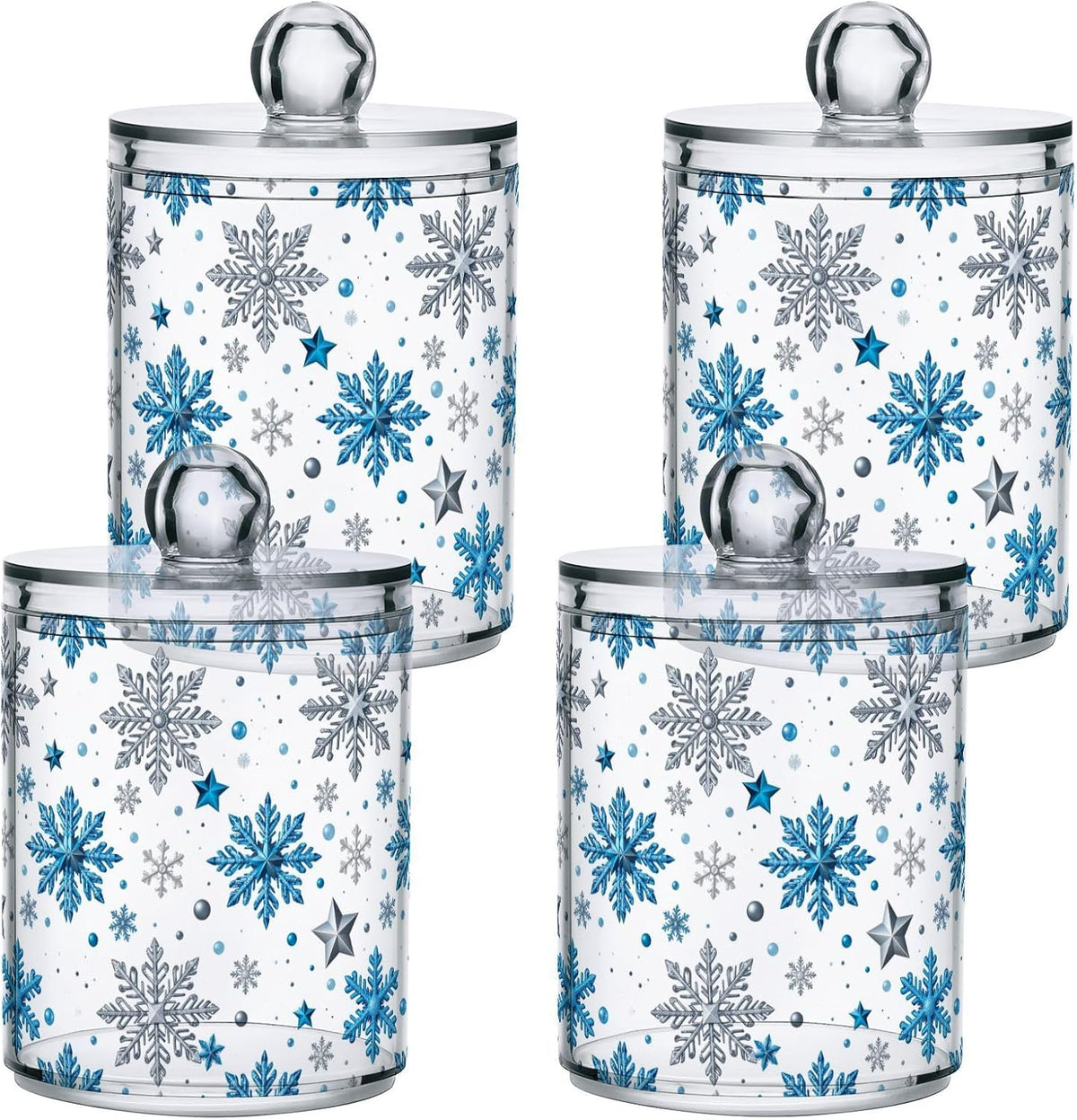 Gredecor Christmas Winter Qtip Holder Dispenser 4 Pack Silver Blue Glitter Snowflakes Apothecary
