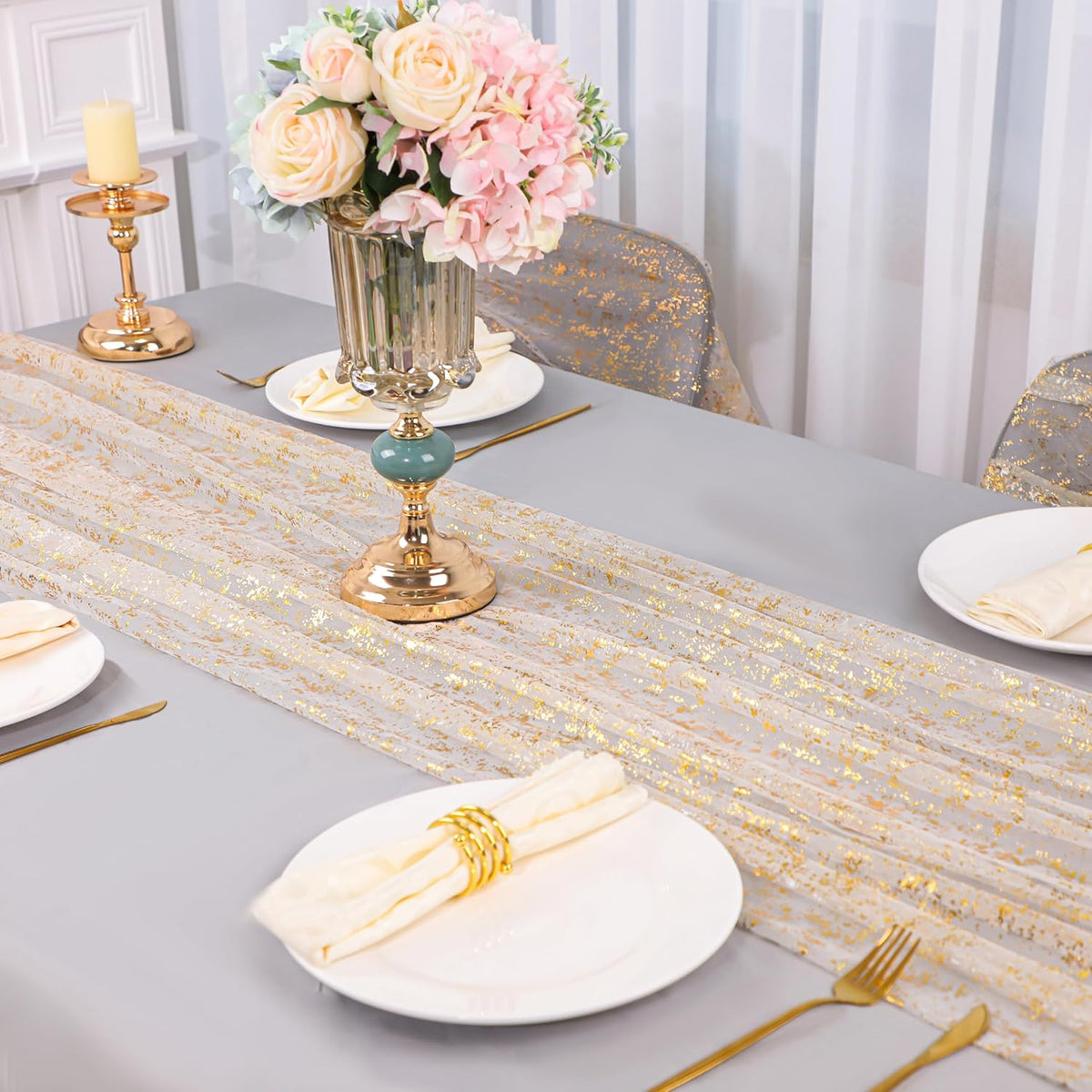 Snowkingdom 3Pcs 10 Ft Gold Table Runners, Sheer Chiffon Tulle Cheesecloth Wedding Runner, Golden
