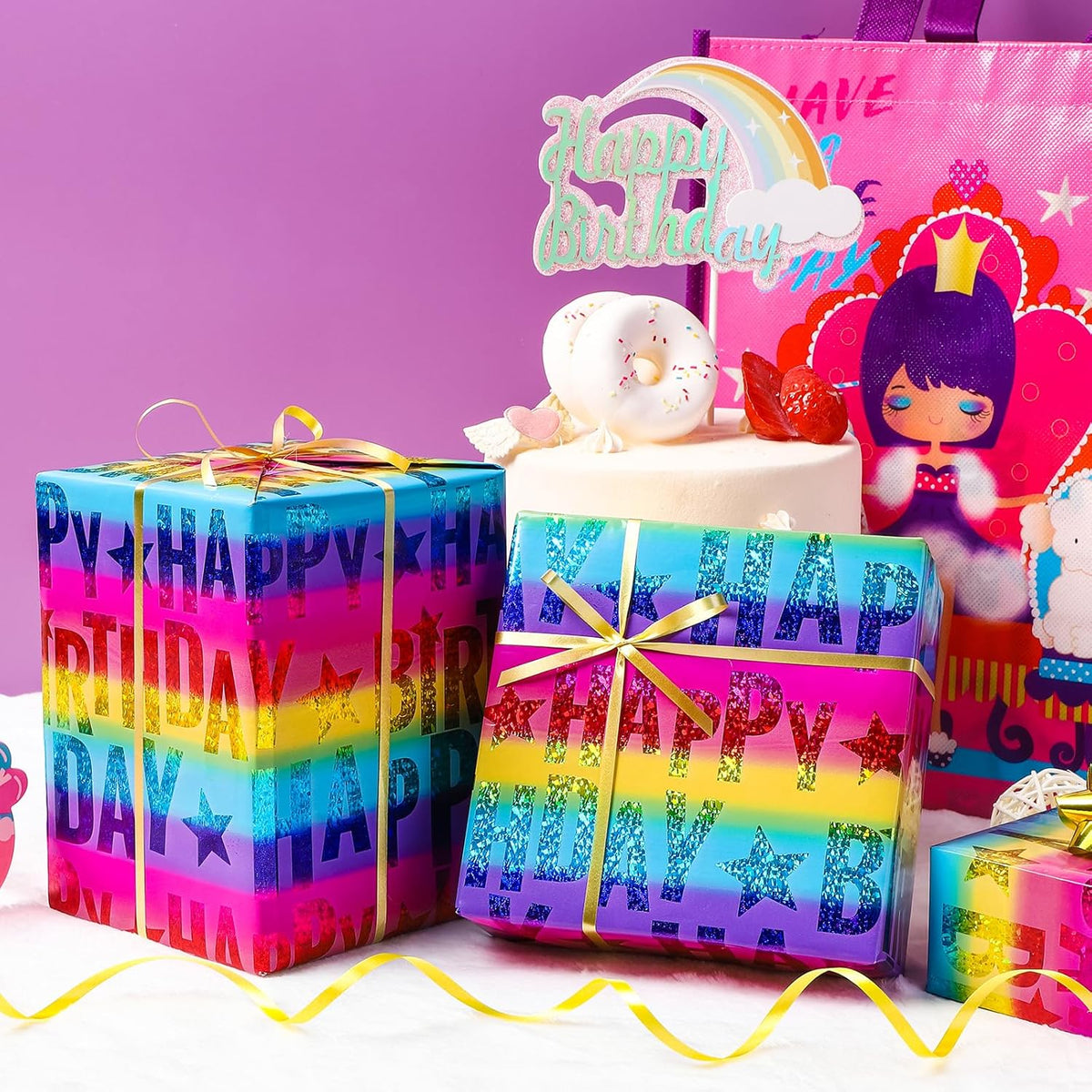 LeZakaa Holographic Birthday Wrapping Paper Roll, Happy Birthday Lettering with Colorful Stars