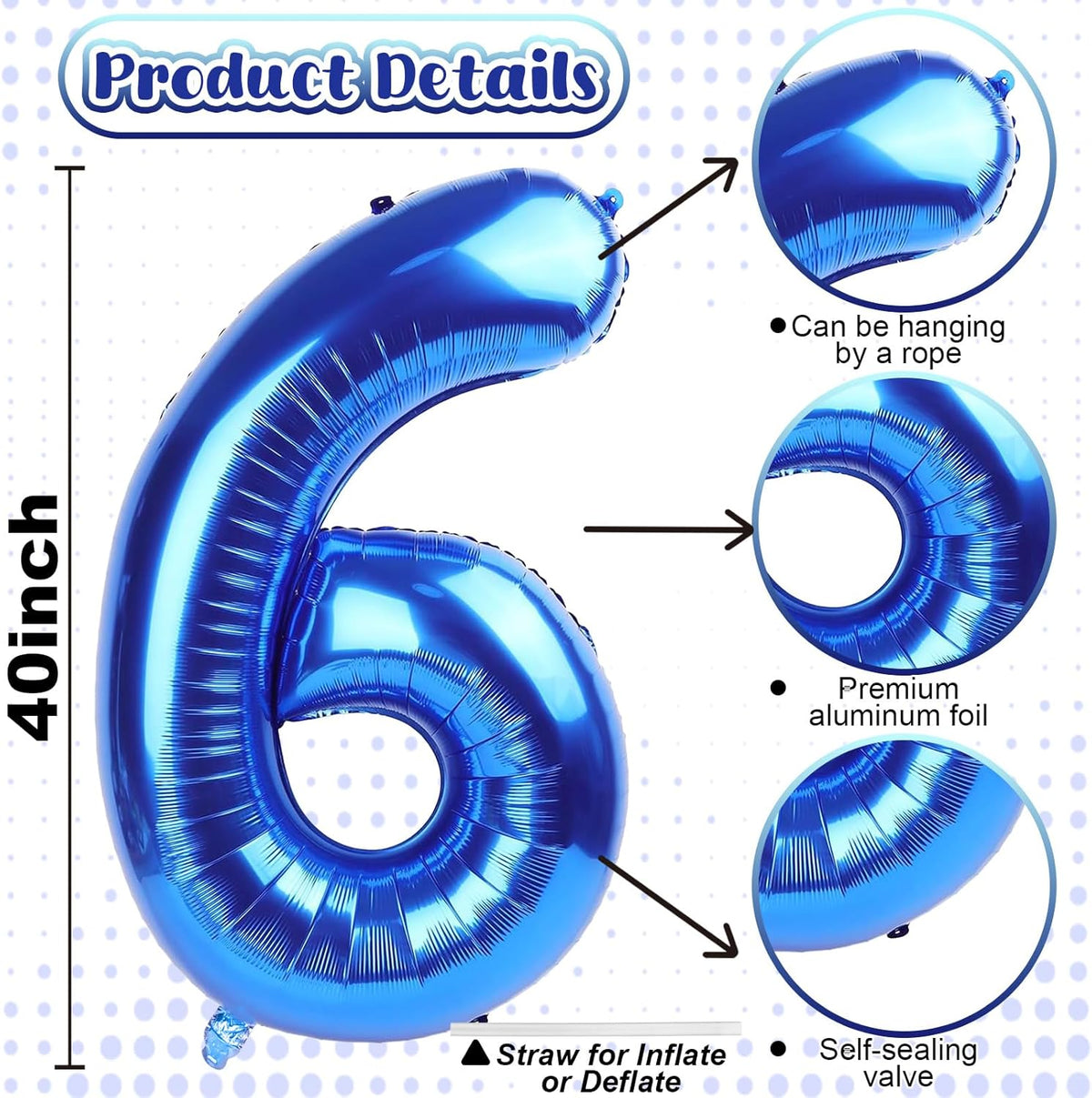 Navy Blue Number Balloons 6, 40inch Large Dark Royal Blue Digital 6 Foil Mylar Helium Balloon for