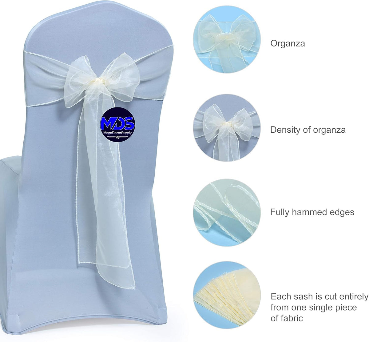 MDS Pack of 300 PCS Organza Chair Sashes Wider Dining Chair Bows Ribbon Tie Back for Wedding Party