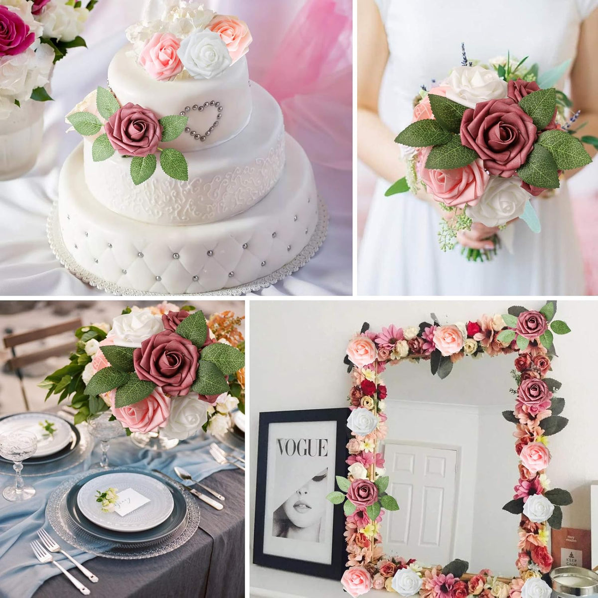 AmyHomie Artificial Flower Shades of Rose 25pcs Real Looking Fake Roses w/Stem for DIY Wedding