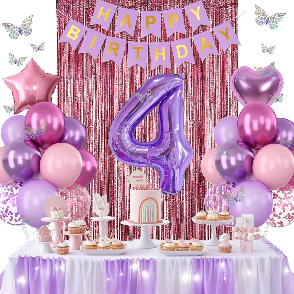 Pink Purple 4th Birthday Party Decorations for Girls Number 4 Balloon Happy Birthday Banner