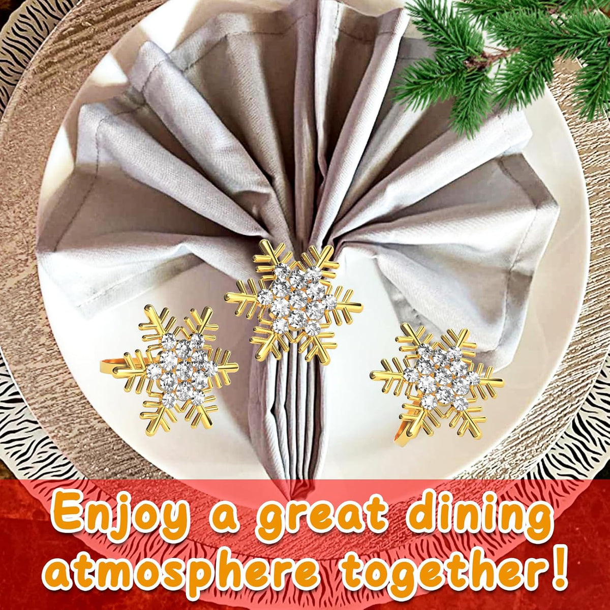 Halatool Christmas Napkin Rings Set of 8, Gold Snowflake with White Rhinestone Napkin Holder for