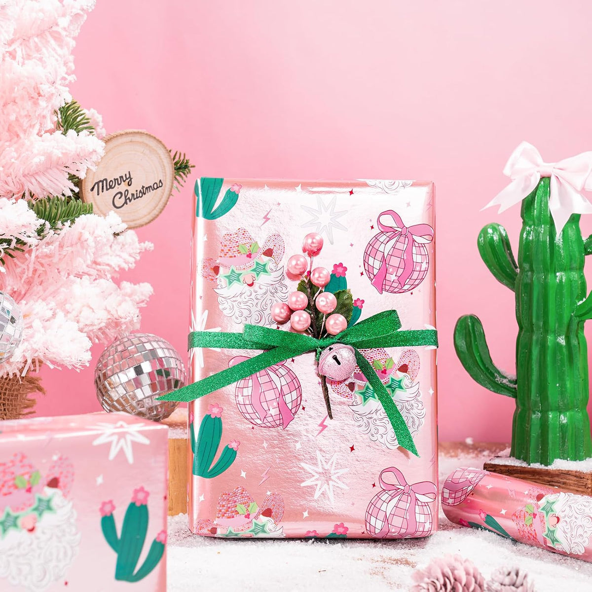 LeZakaa Pink Christmas Wrapping Paper Roll for Girls Women, Santa Disco Ball Cactus Design, Rose