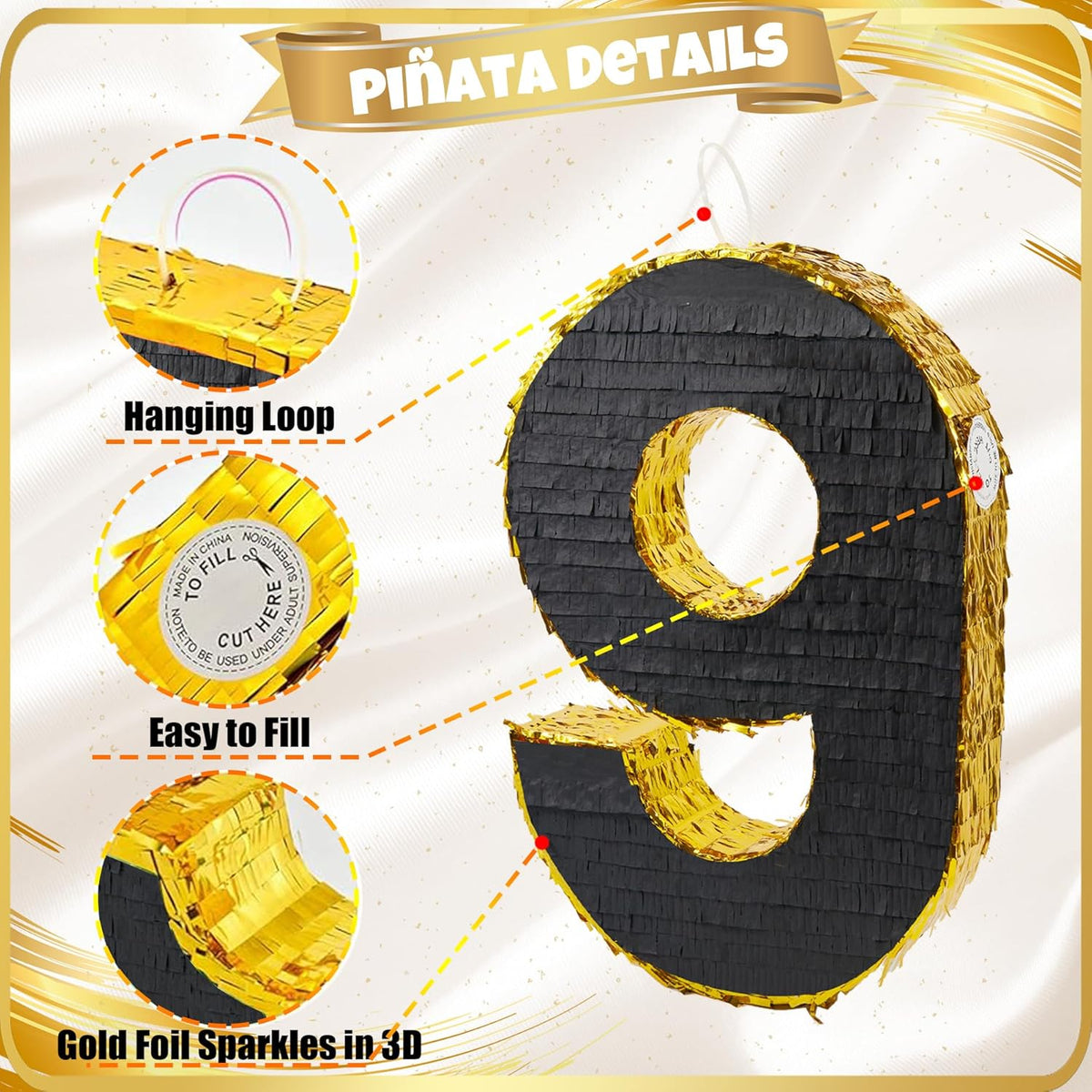 PCFING 20 Inch Number 9 Piñata Gold Black with 30 Inch Piñata Stick Blindfold Confetti for Man