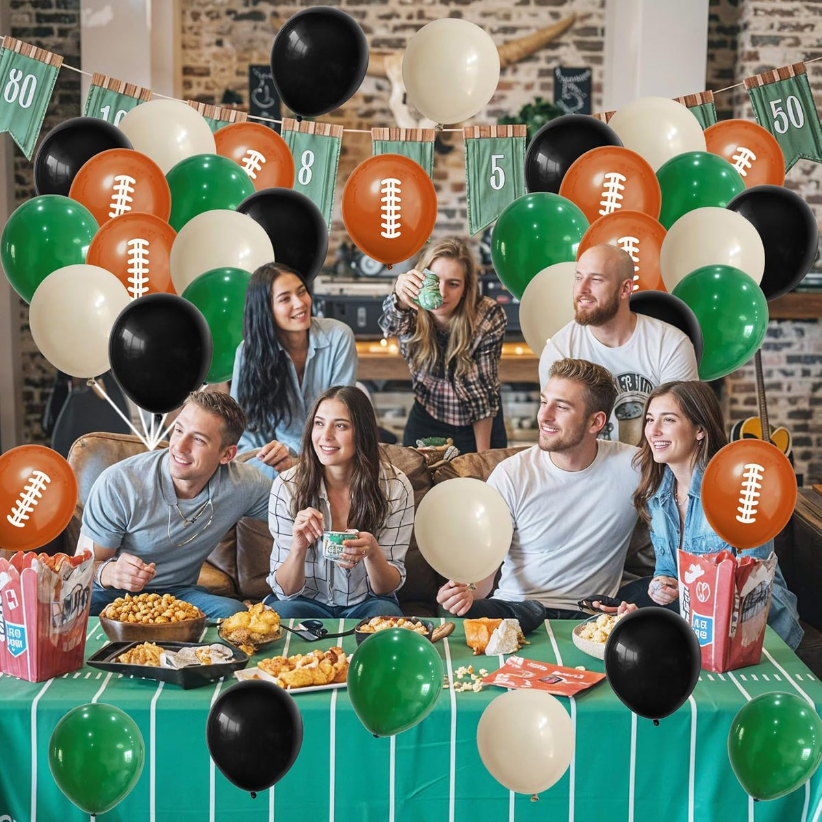 Football Balloons, 12 Inch Dark Green Black White Sand with Brown Printed Sports Latex Balloon for