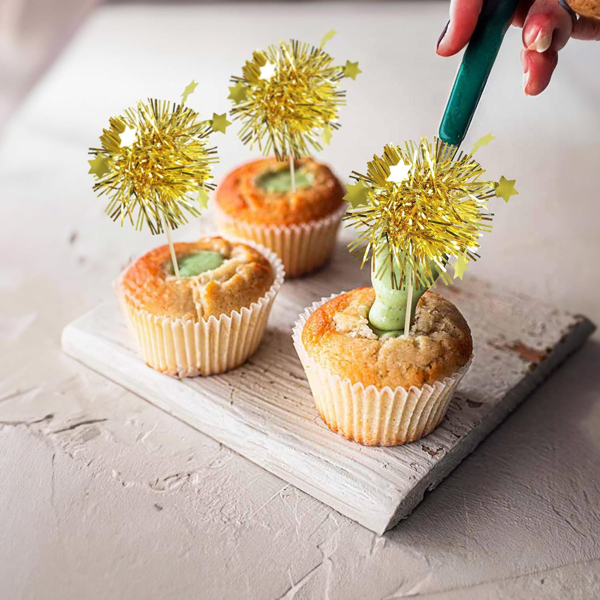 Ephlyn 30Pcs Foil Firework Cupcake Toppers Happy Birthday Cake Toppers Tinsel Flower Drink Stirrers