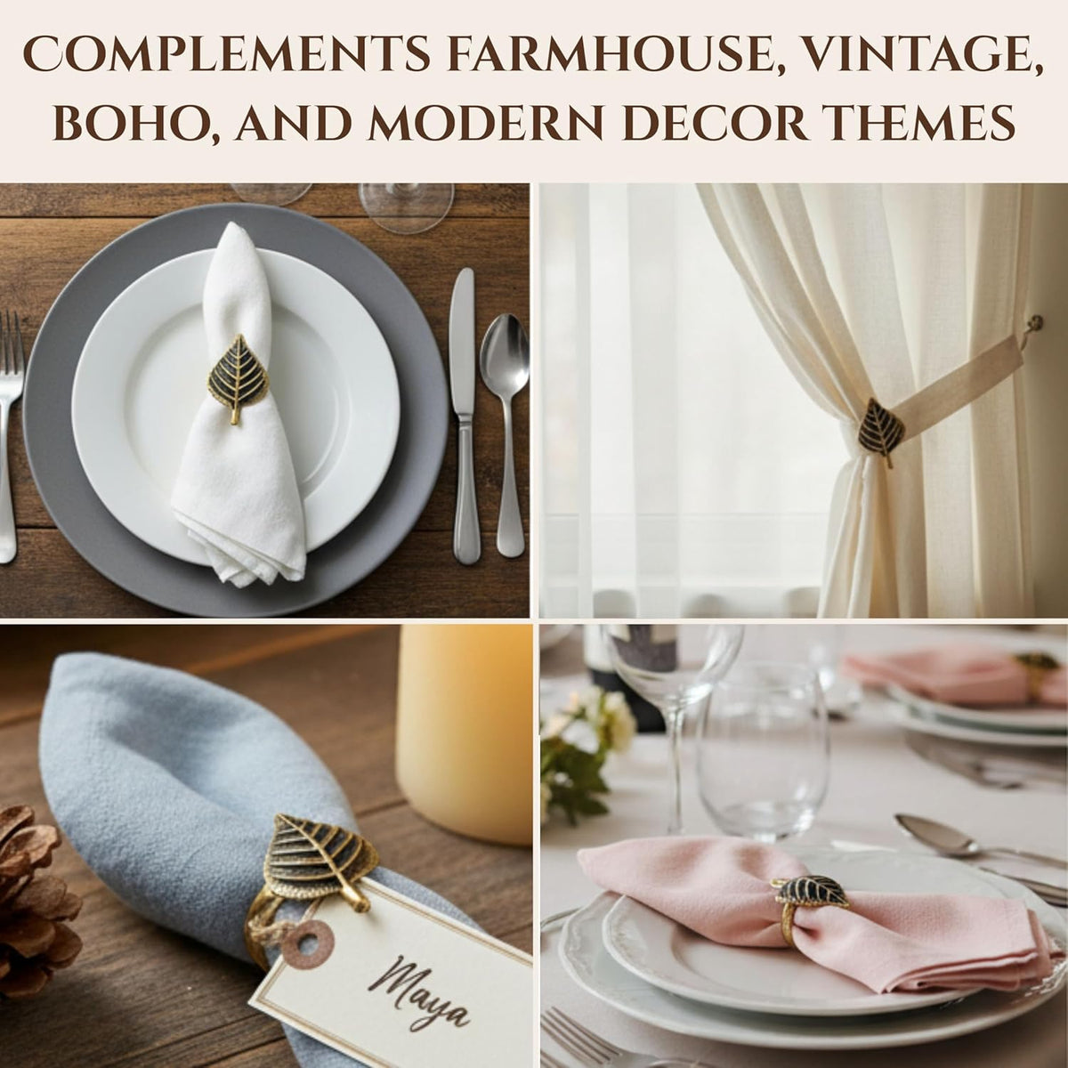 Set of 12 Rooster Napkin Rings for Farmhouse Decor | Premium Metal Leaf Dinnerware Napkin Holders |
