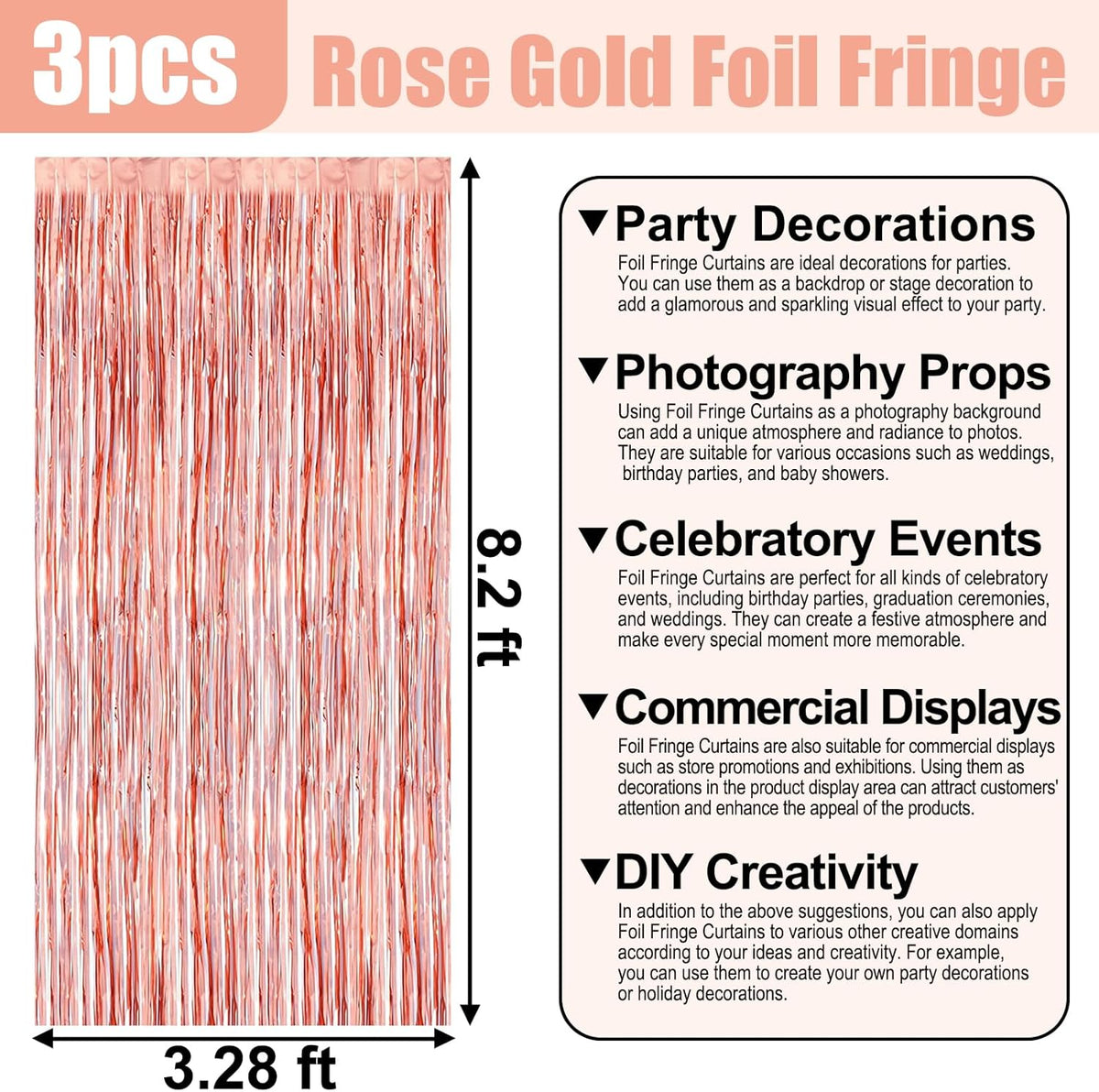 3 Pack Rose Gold Foil Fringe Curtain Backdrop, 3.28Ft x 8.2Ft Metallic Tinsel Foil Fringe Streamer