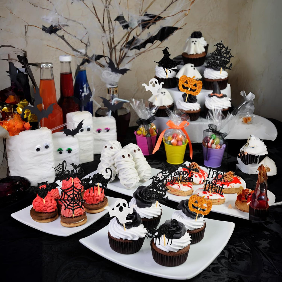 60Pcs Halloween Cupcake Toppers, Bat Pumpkin Ghost Cupcake Decorations for Halloween Party