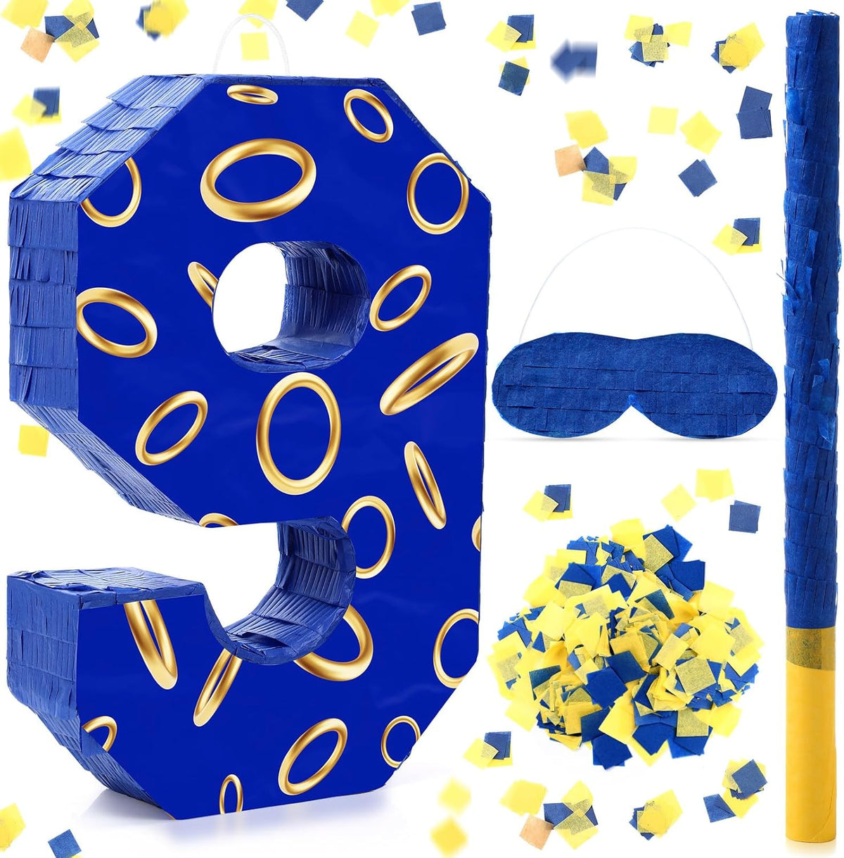 Number 9 Blue and Golden Rings Piñata for Kids Birthday Cartoon Theme Small Piñata with Blindfold