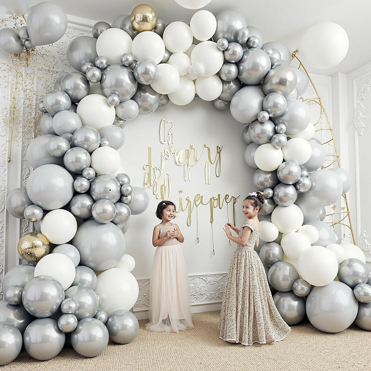 412Pcs White and Silver Balloons Arch Kit, 18 12 10 5 Inch White Metallic Silver Latex Balloon for