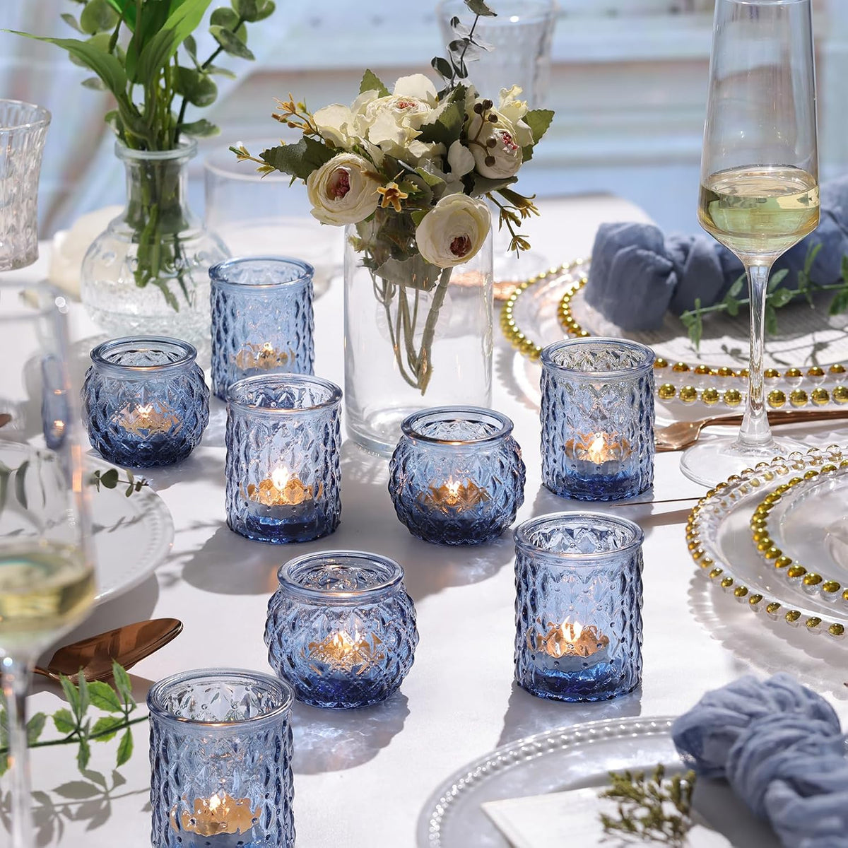 36pcs Assorted Blue Votive Candle Holders, Blue Candle Holders for Wedding Table Decor, Tea Lights