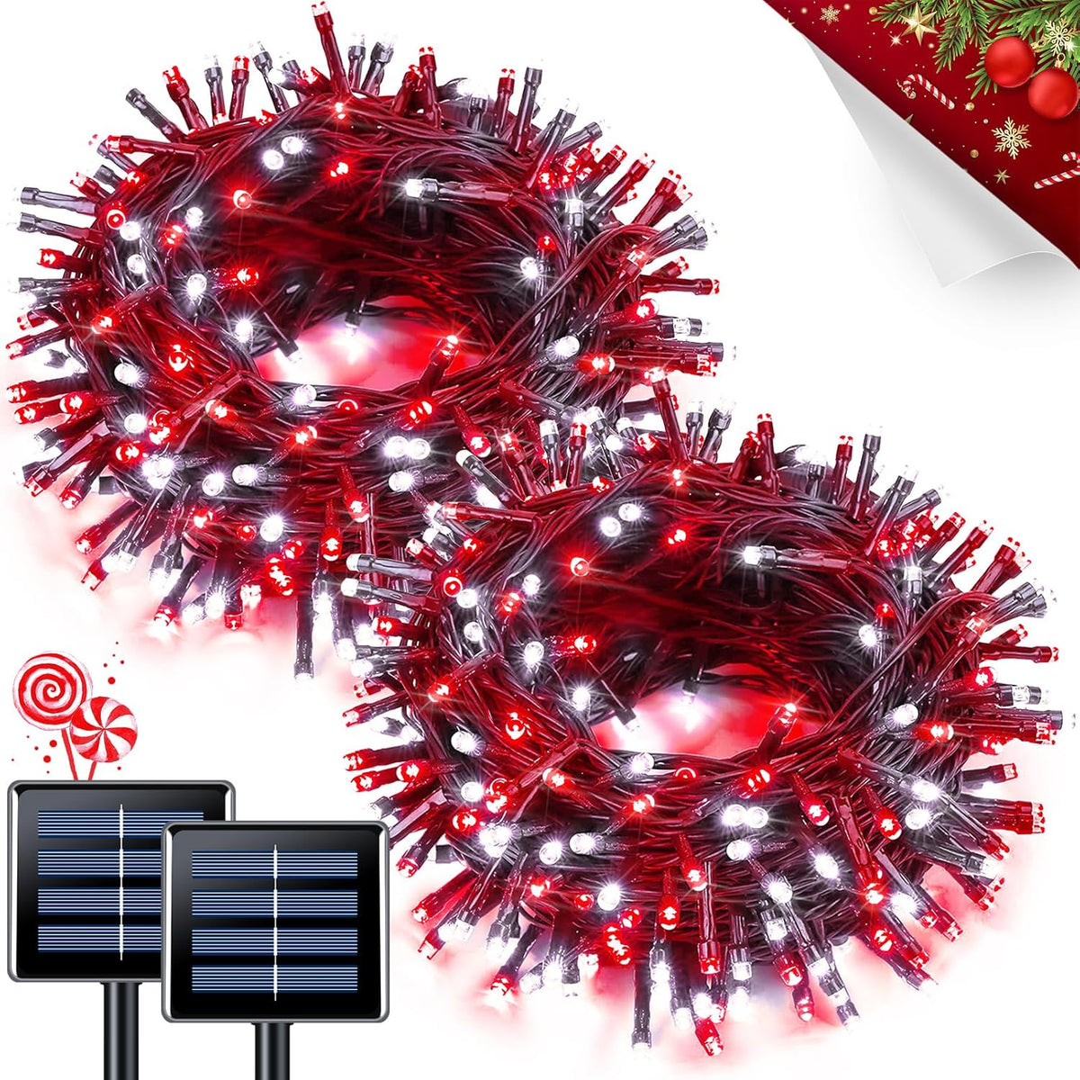 JMEXSUSS 2 Pack Red and White Christmas Lights, Each 100 LED 33ft Solar String Lights Outdoor