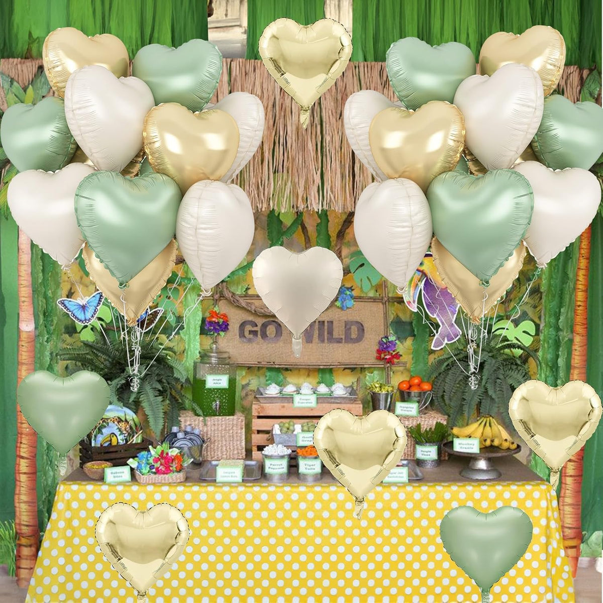 Sage Green Gold Heart Balloons, 12PCS Green Gold Heart Shaped Foil Balloons, 18Inch Green Cream