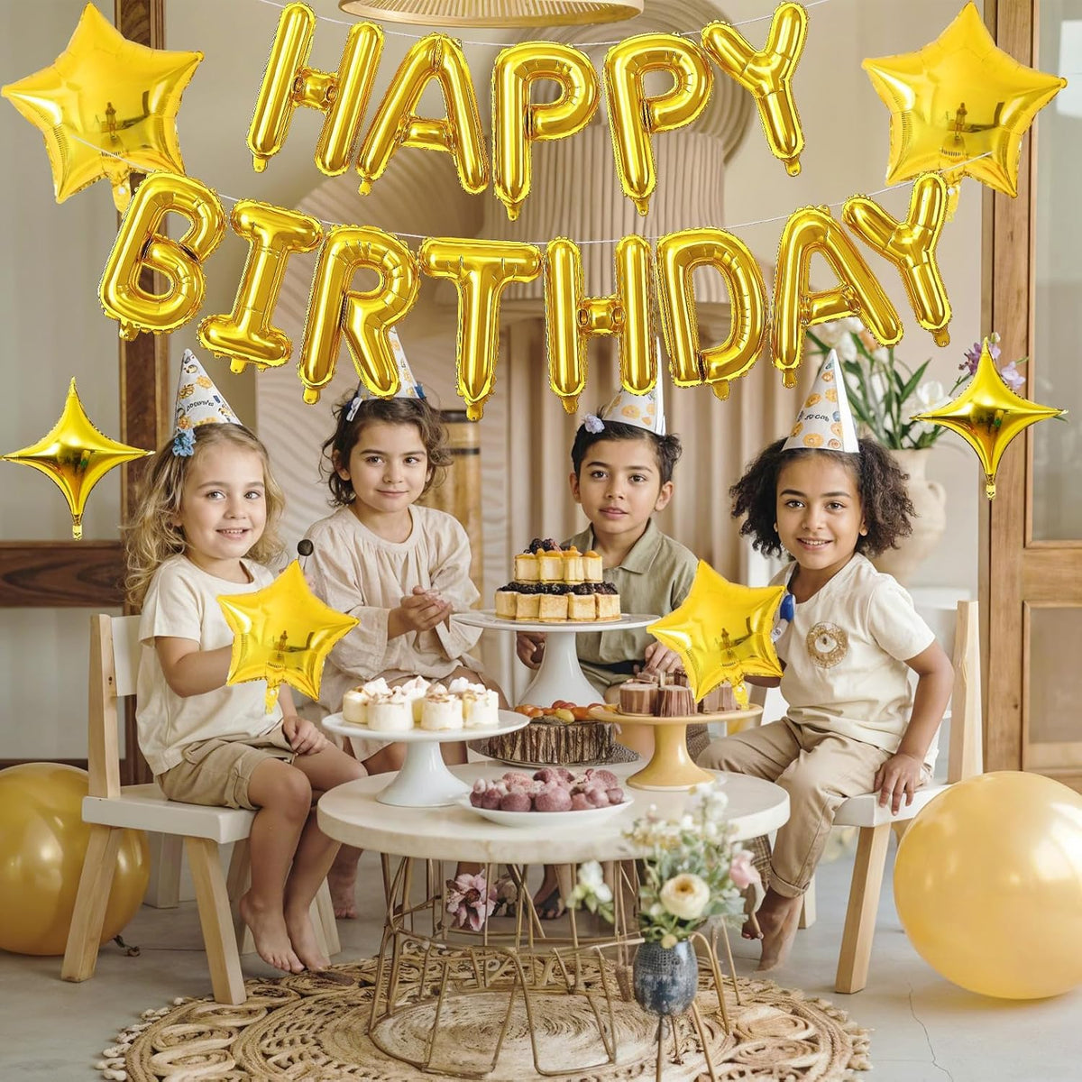 Gold Happy Birthday Balloon Banner, 16 Inch Mylar Foil Letter Balloons, Reusable Birthday