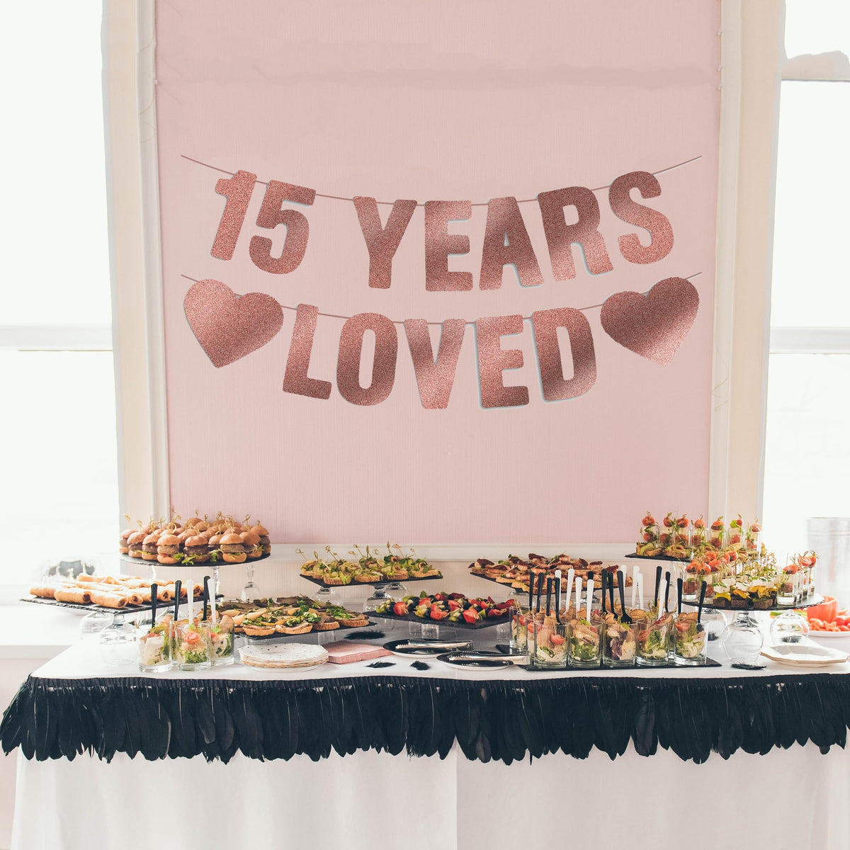 15th Birthday Party Decorations for Girls, Pre-Strung 15 YEARS LOVED Banner - Rose Gold Glitter
