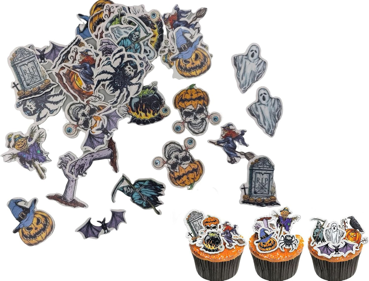 48pcs Edible Halloween Themed Pumpkin for Cake Decorating Spider Cupcake Toppers Bat Wedding Themed