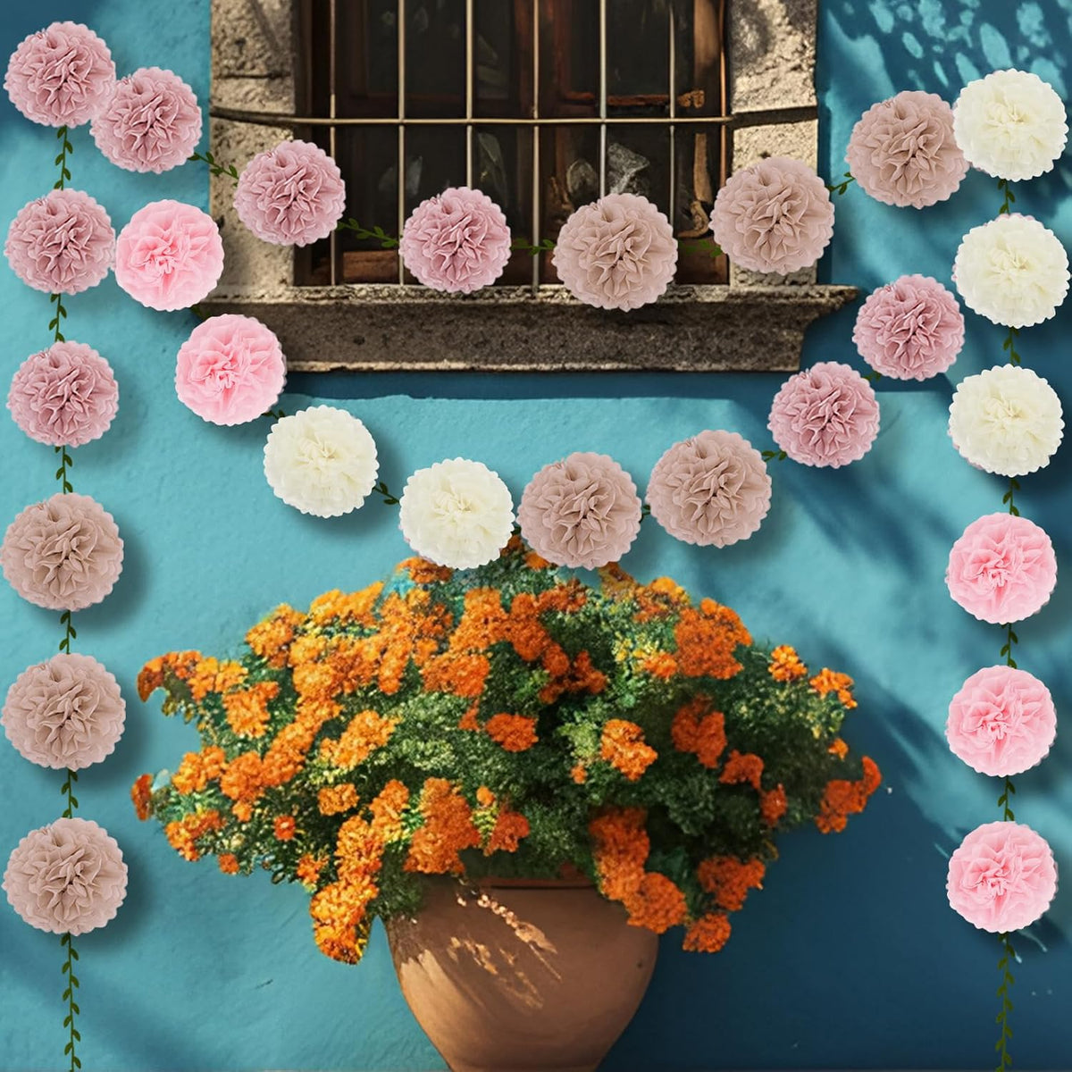 2 Pack Nude Pink Beige Tissue Paper Pom Pom Garlands Hanging with Cloth Vine for Nature Garden