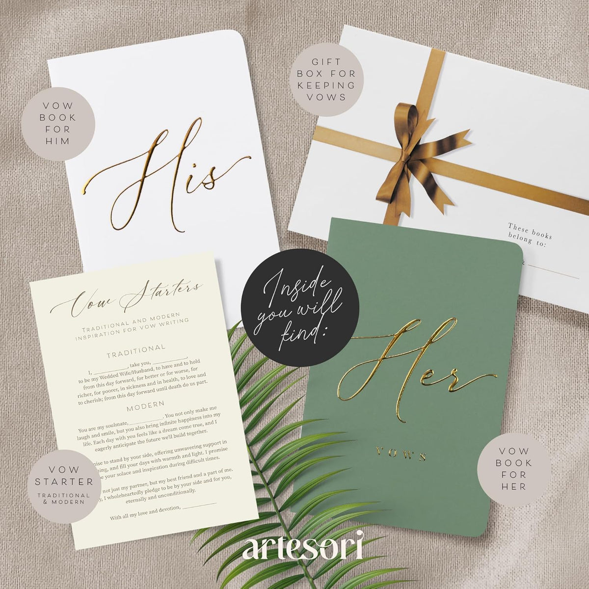 ARTESORI Wedding Vow Book for Her & Him, Soft Touch, Gold Engraving, 28 Lined Pages, Wedding Vow