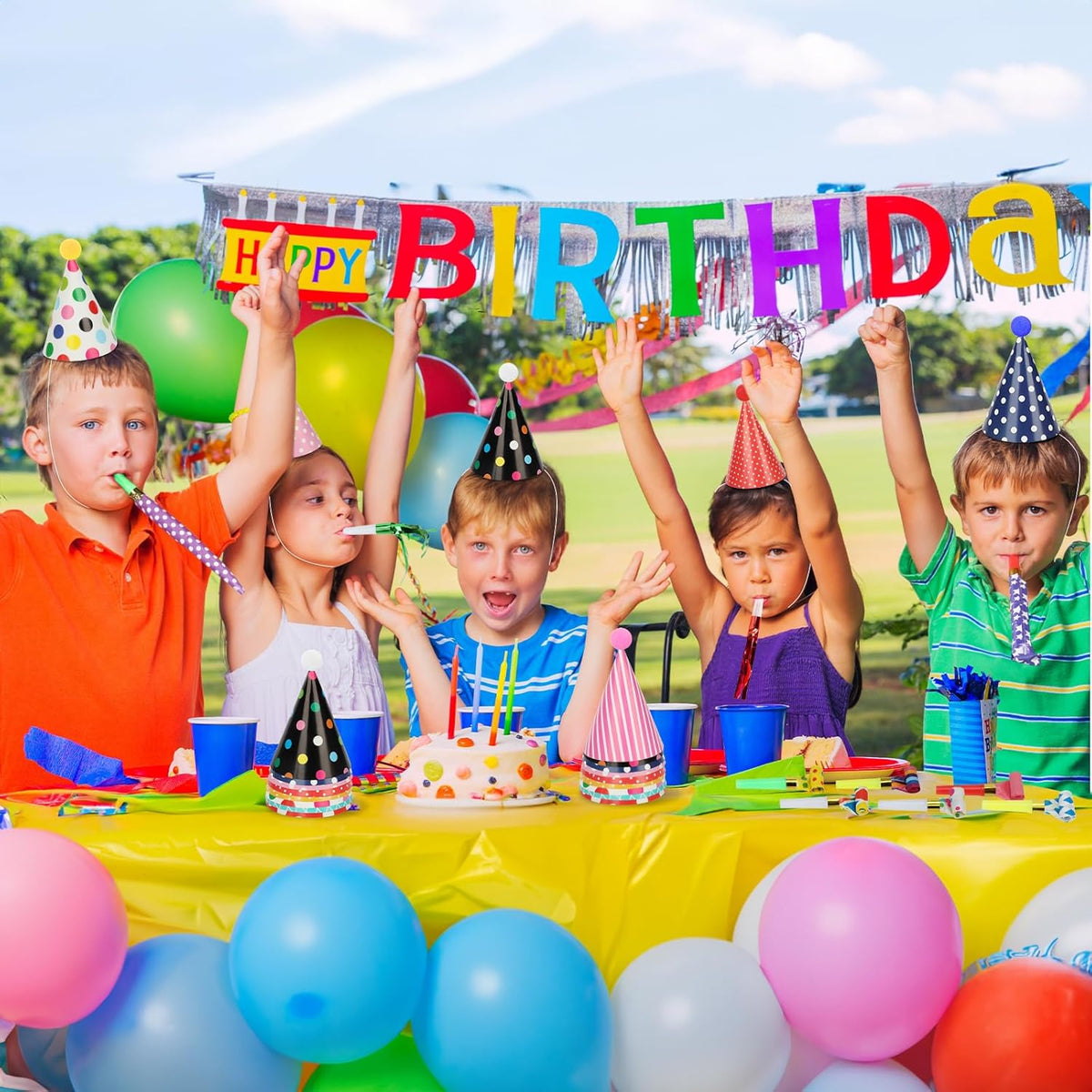 116 PCS Birthday Party Cone Hats Assorted Colors Cone Paper Hat with Colorful Blowers and Metallic