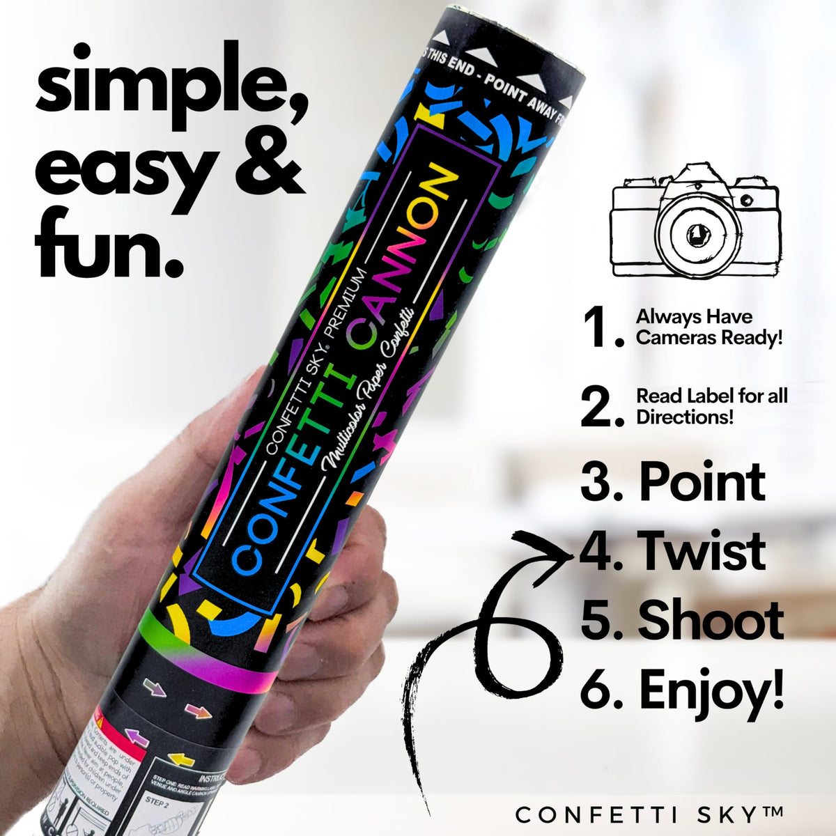 Confetti Sky [6 Pack] 12 Inch Confetti Cannons | Multicolor Confetti Poppers for Wedding