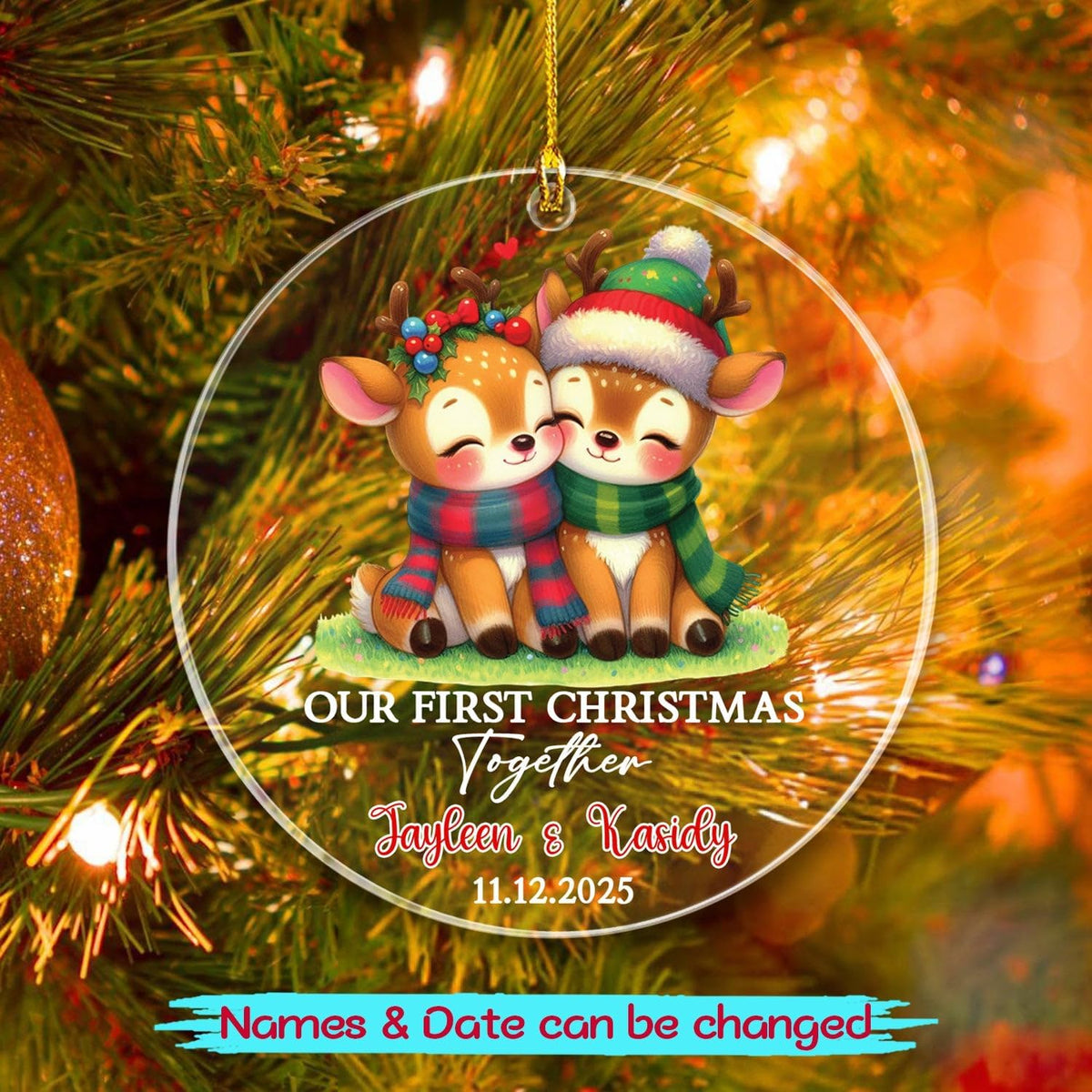 Customized Our First Christmas Together Deer Ornament with Names & Date, Mr & Mrs Deer Together