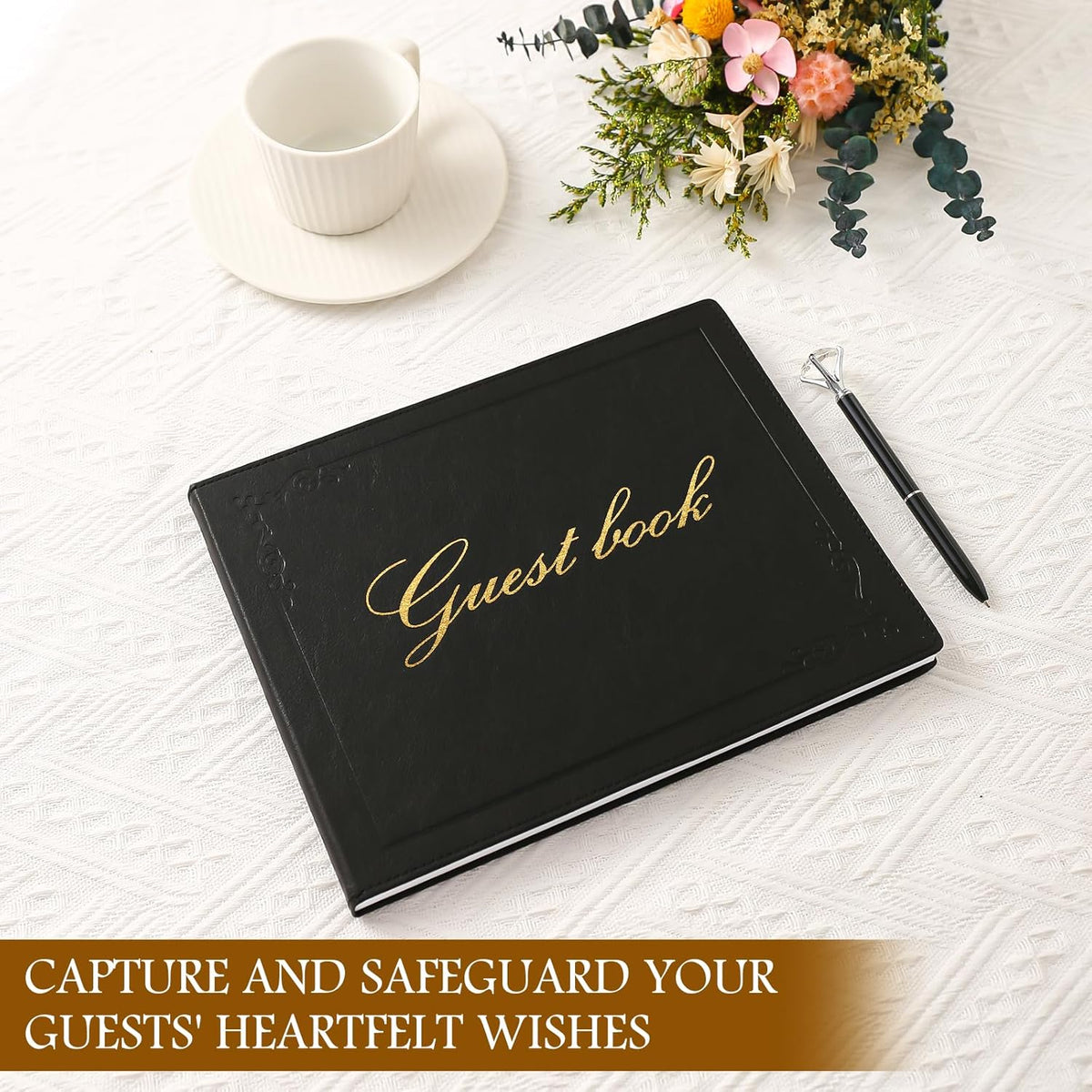 8x10 Leather Guest Book and Standup Sign Set, Gold Foiled Cover Registry Book for Wedding