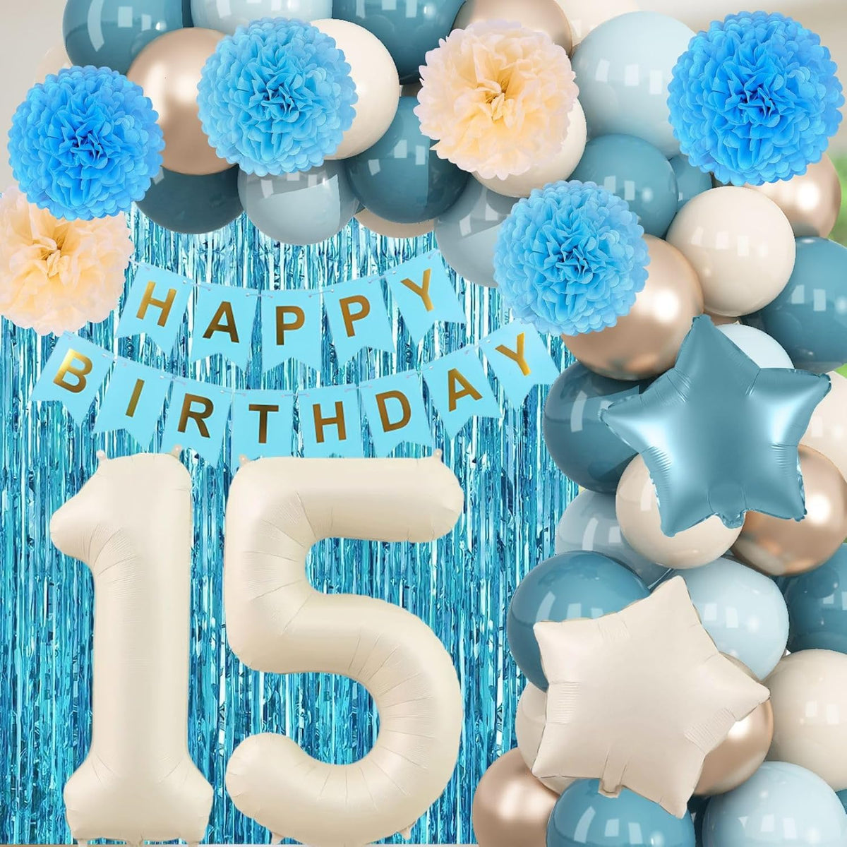 Dusty Blue 15th Birthday Party Decorations Boys Girls Beige Cream Number 15 Balloon with Blue Gold
