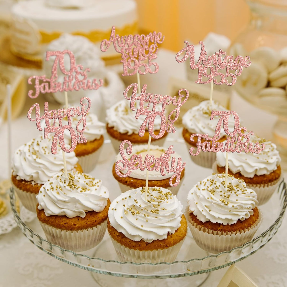 30Pcs Vintage 1955 Cupcake Toppers Glitter Seventy 70 Fabulous Happy 70th Birthday Cupcake Picks
