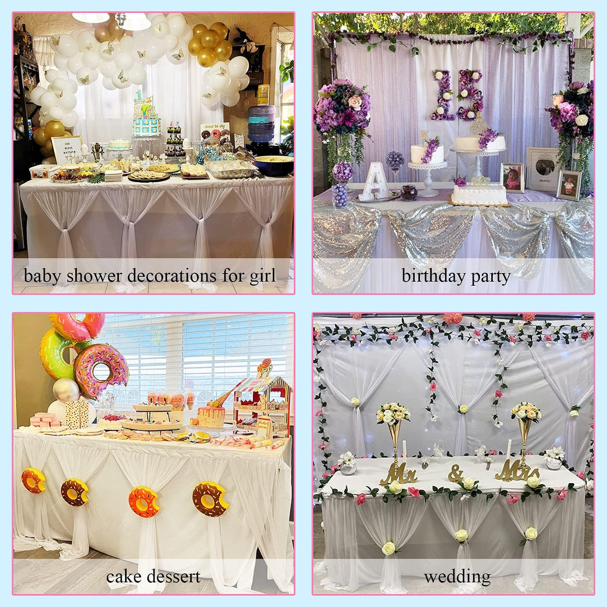 Suppromo White Tulle Table Skirts for Rectangle Tables 6ft for Wedding Birthday Party Bridal Shower